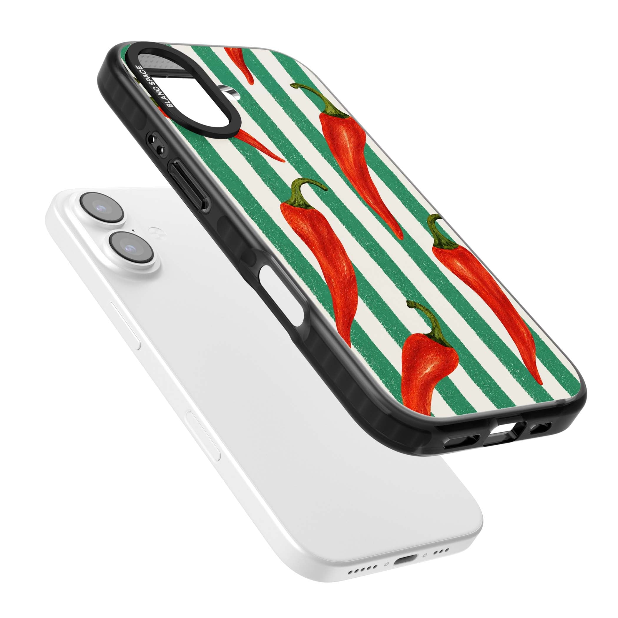 Striped Chillis coastal iPhone case featuring hand-painted red chili peppers on green and cream stripes | Clear Impact case for iPhone 17