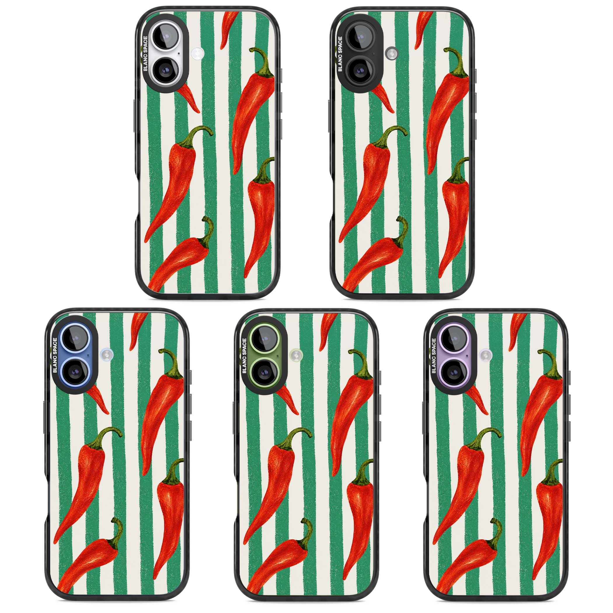 Striped Chillis coastal iPhone case featuring hand-painted red chili peppers on green and cream stripes | Clear Impact case for iPhone 17