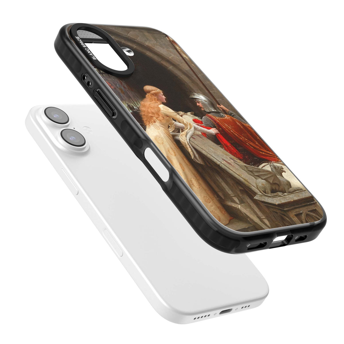 God Speed fine art iPhone case featuring Edmund Blair Leighton's medieval knight and lady beneath a stone archway | Clear Impact case for iPhone 17