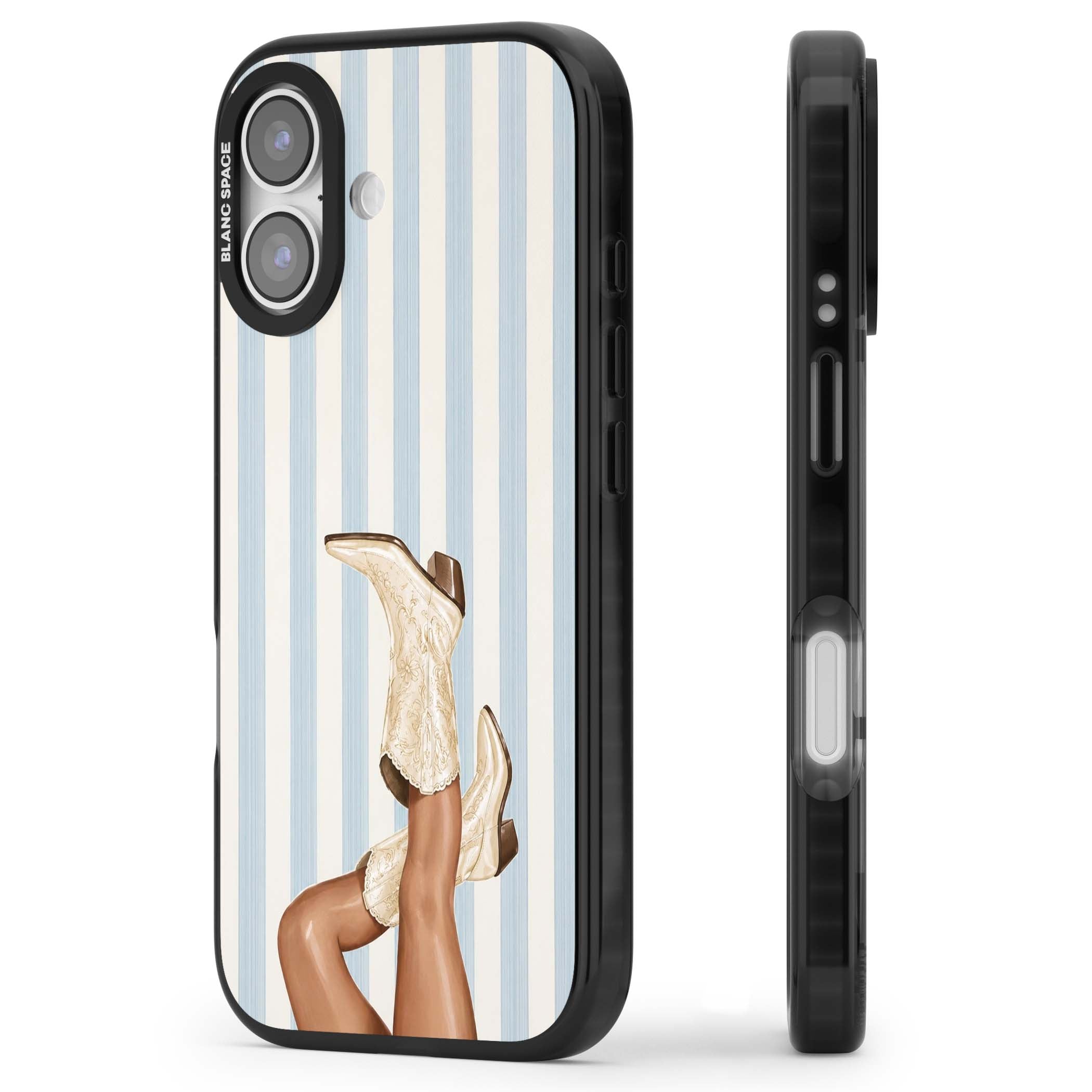 Cowgirl Boots coastal cowgirl iPhone case featuring embroidered western boots, tanned legs and a blue stripe backdrop | Clear Impact case for iPhone 17