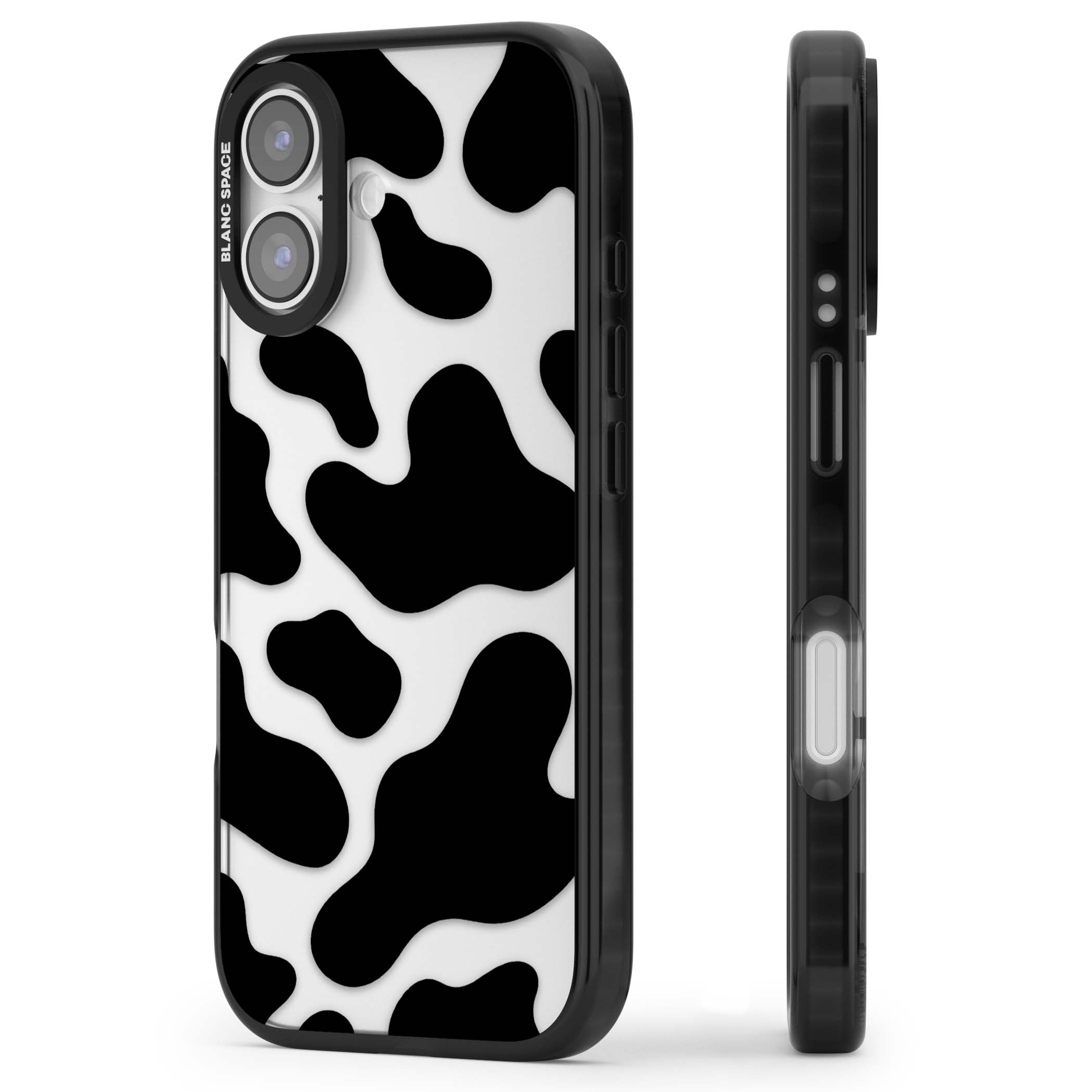 Clear Cow Print cow print iPhone case featuring black and white cow pattern splotches on a clear background | Clear Impact case for iPhone 17