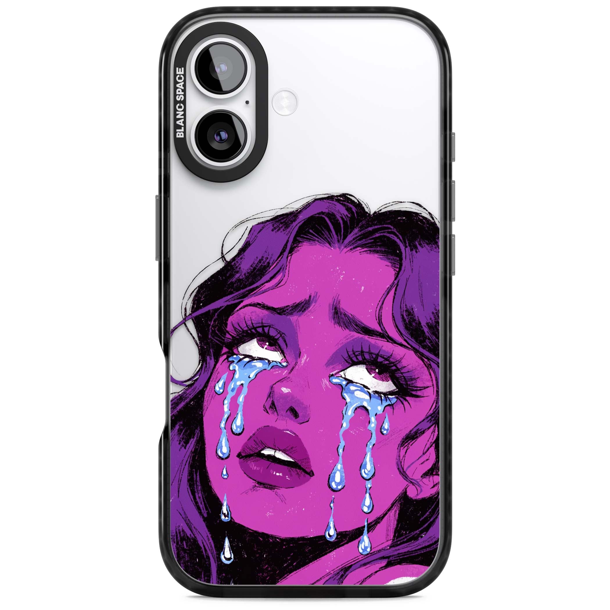 Drama Queen pop art iPhone case featuring a purple crying comic girl with blue tears | Clear Impact case for iPhone 17