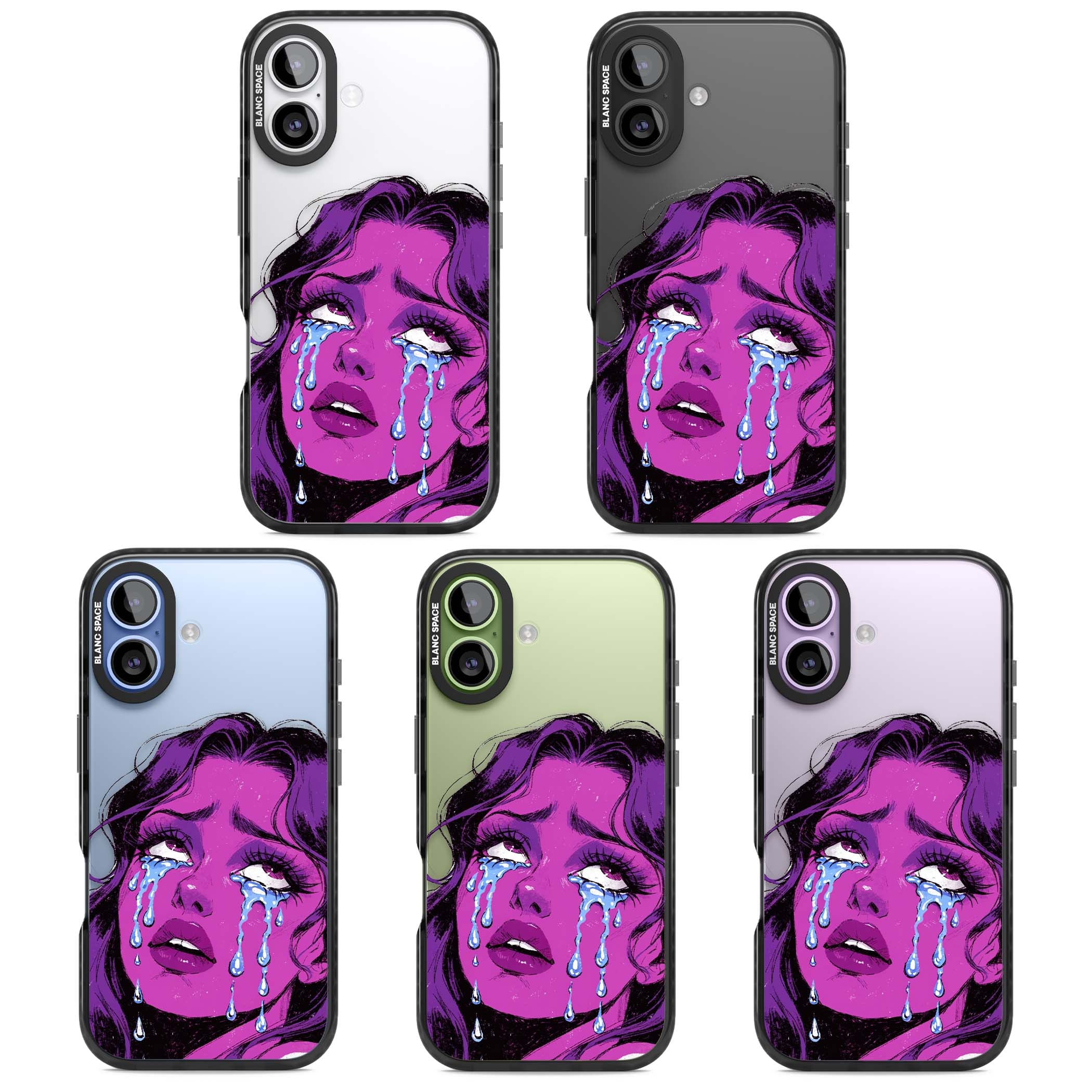 Drama Queen pop art iPhone case featuring a purple crying comic girl with blue tears | Clear Impact case for iPhone 17