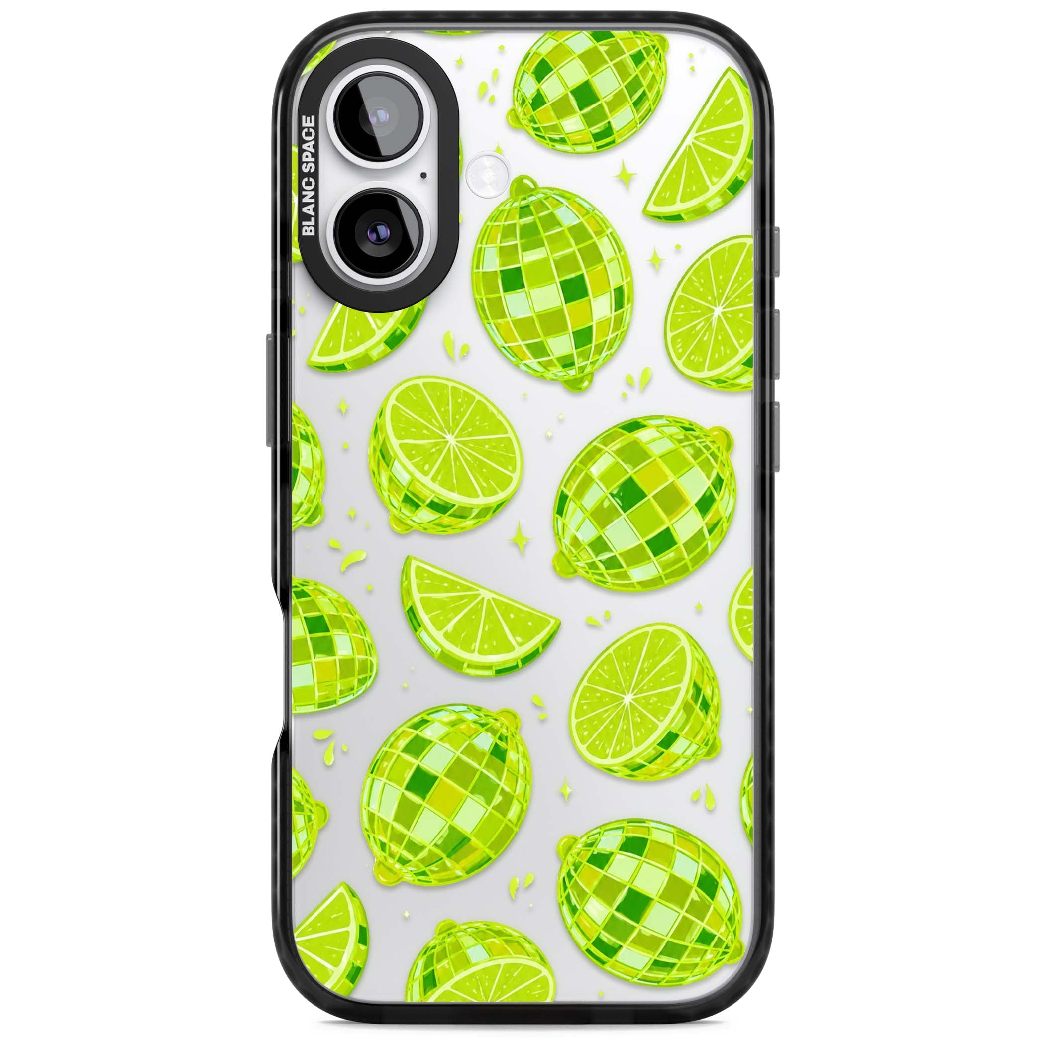 Disco Limes fruit aesthetic iPhone case featuring green disco balls, lime slices and citrus sparkles | Clear Impact case for iPhone 17