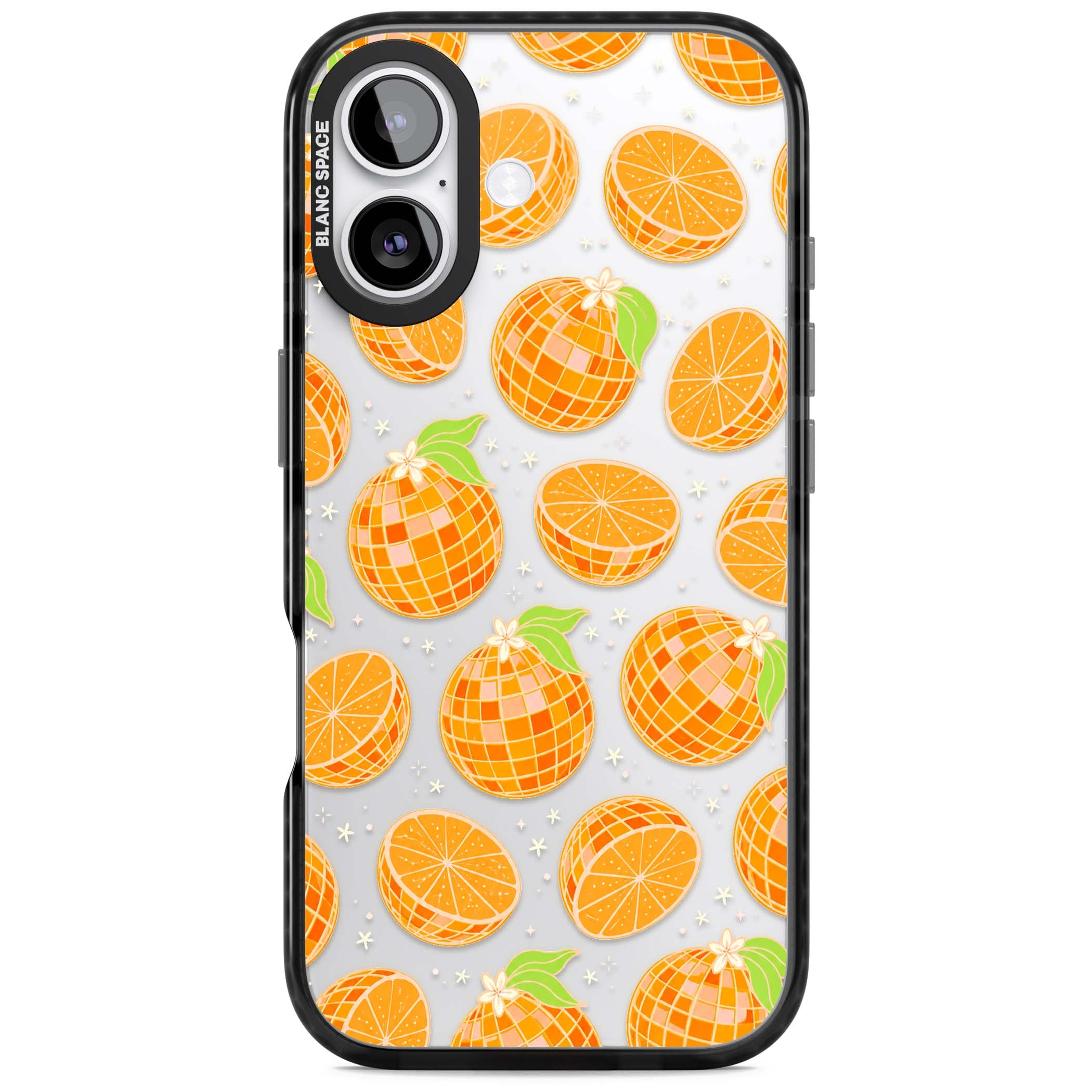 Disco Oranges retro iPhone case featuring mirrorball oranges, citrus slices and tiny blossoms on clear | Clear Impact case for iPhone 17