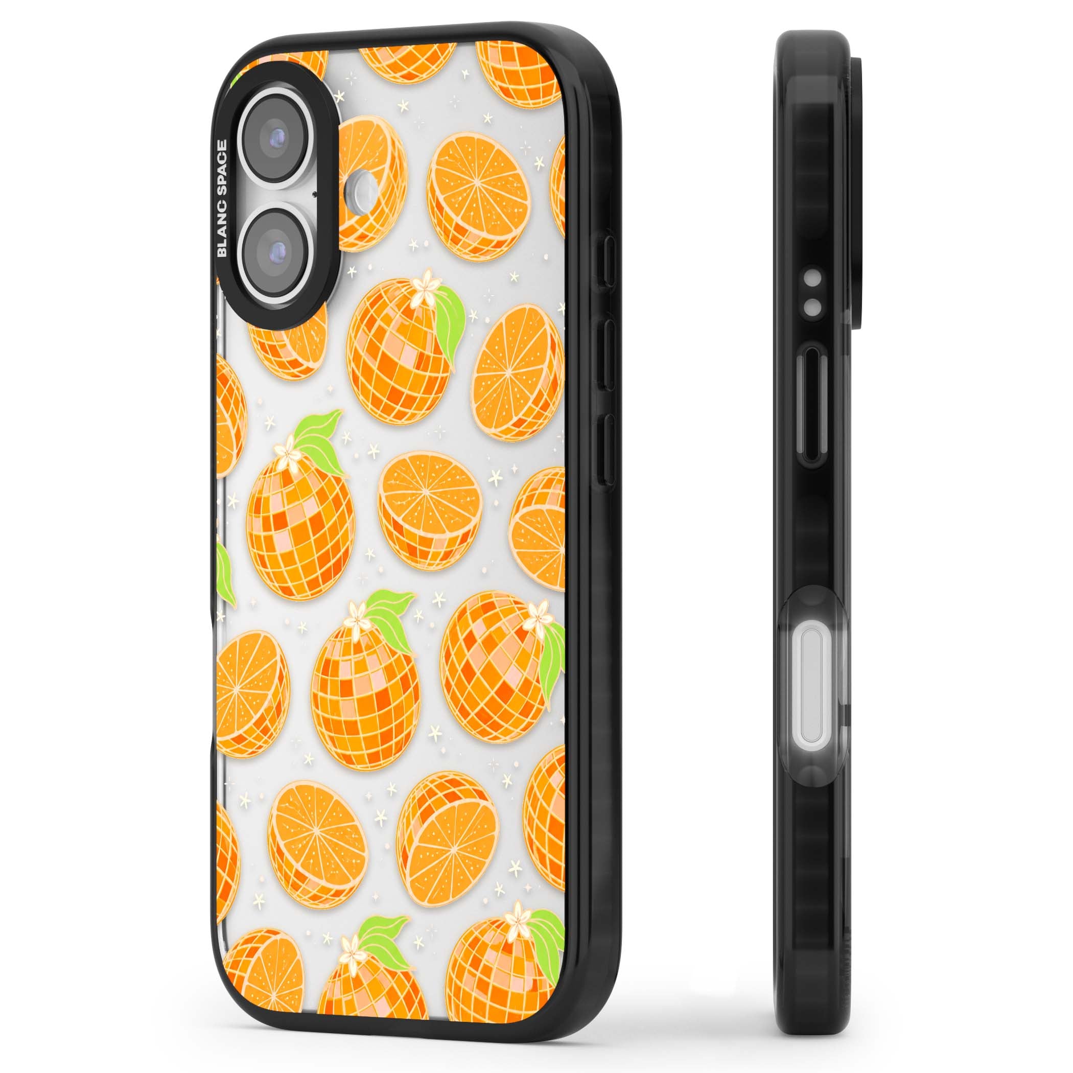 Disco Oranges retro iPhone case featuring mirrorball oranges, citrus slices and tiny blossoms on clear | Clear Impact case for iPhone 17