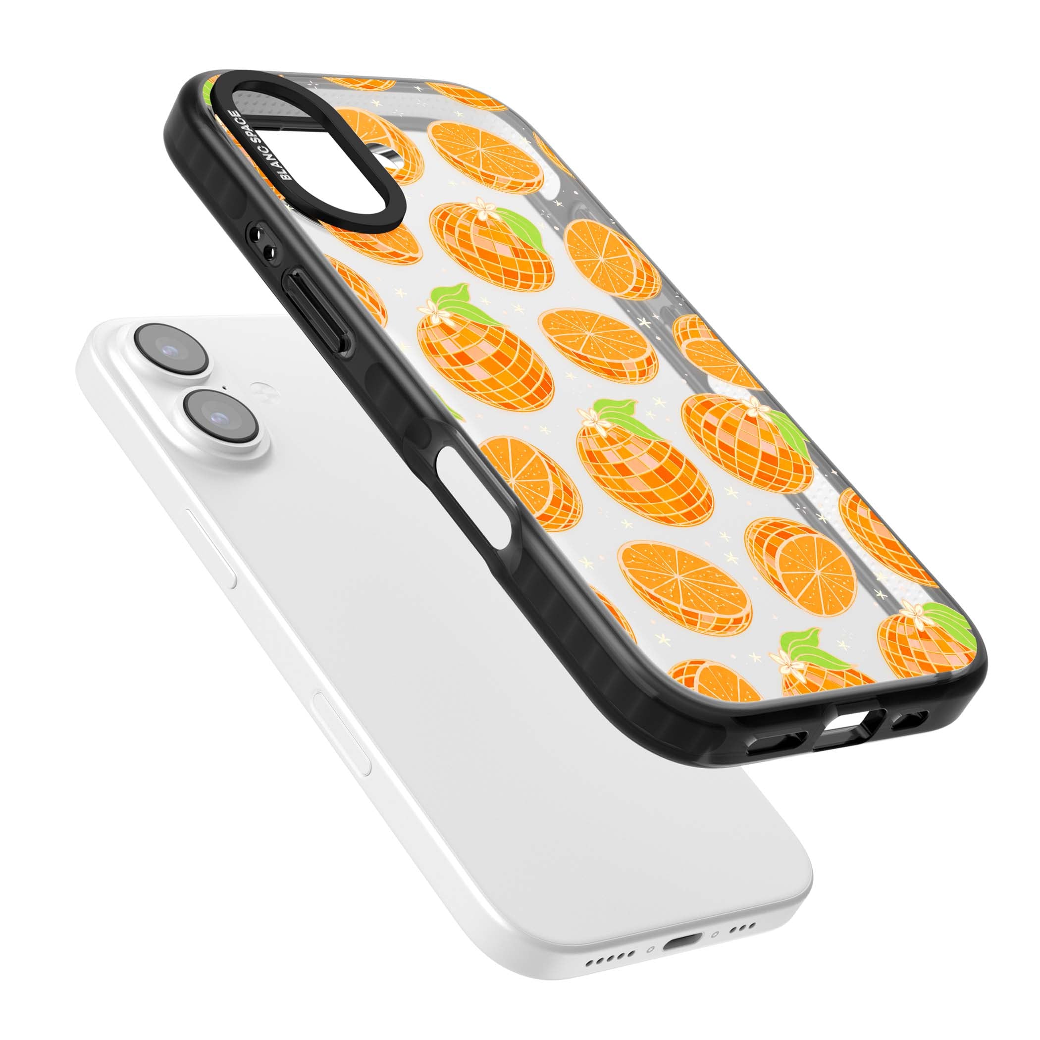 Disco Oranges retro iPhone case featuring mirrorball oranges, citrus slices and tiny blossoms on clear | Clear Impact case for iPhone 17