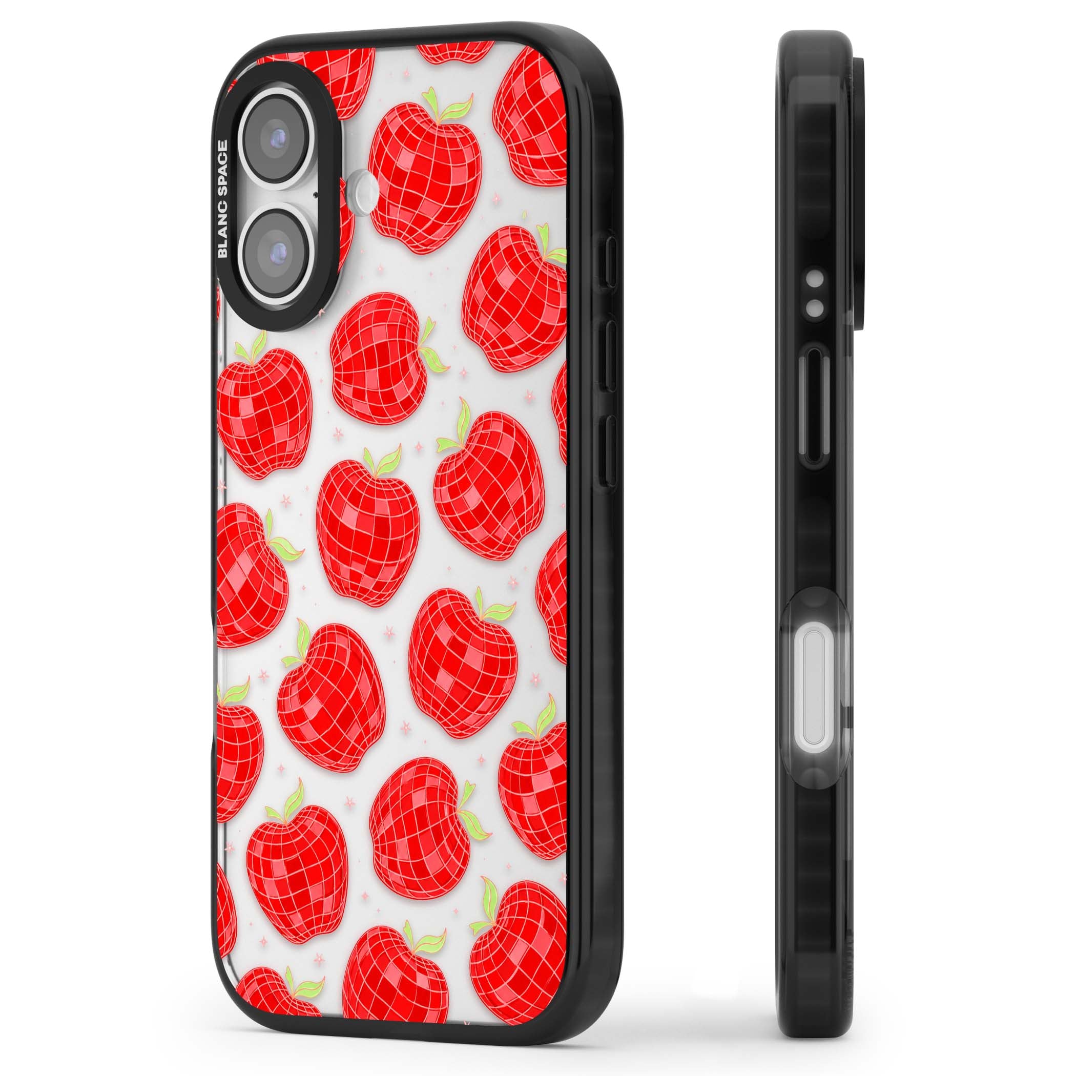 Disco Apples Y2K iPhone case featuring red disco ball apples, green leaves and pink sparkles on clear | Clear Impact case for iPhone 17