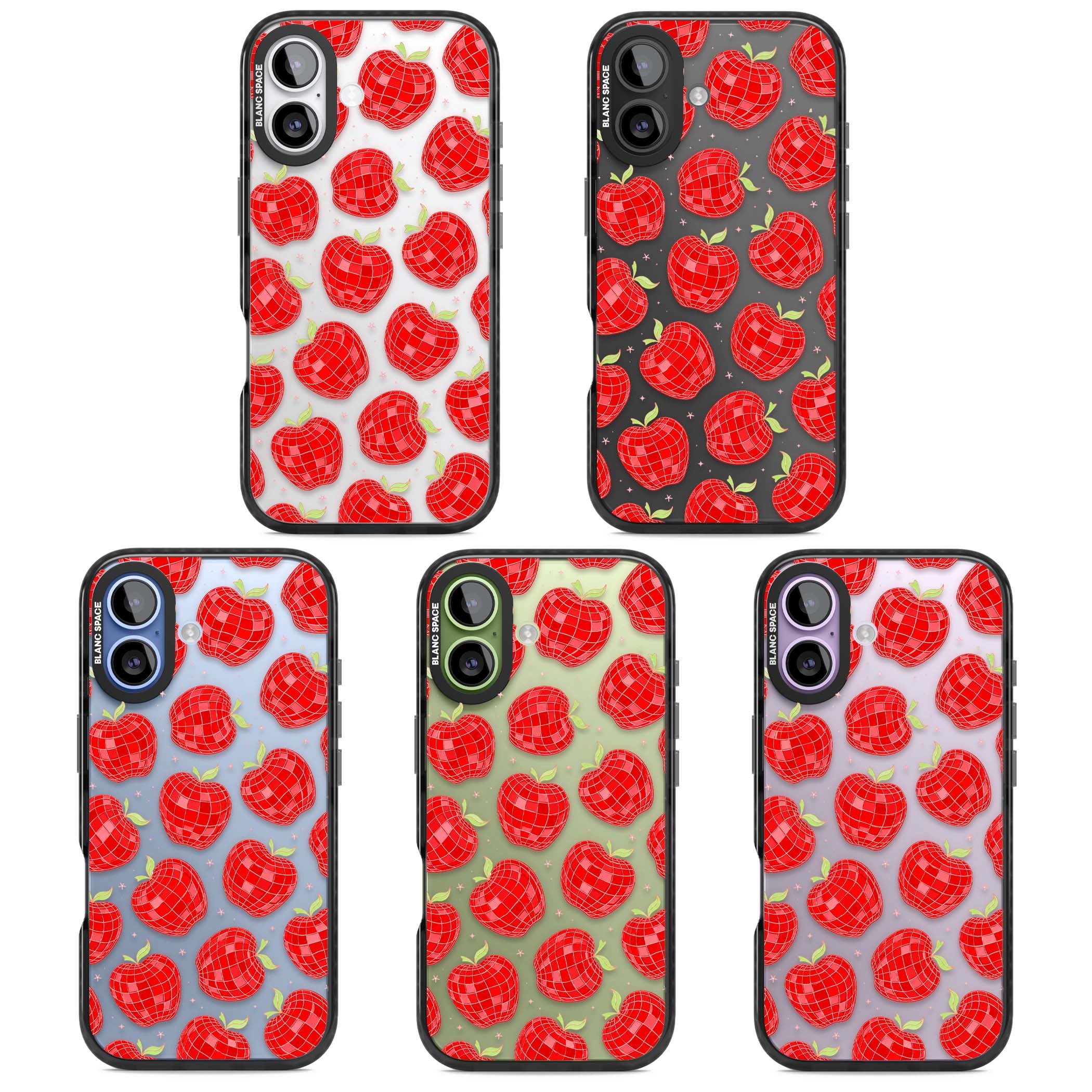 Disco Apples Y2K iPhone case featuring red disco ball apples, green leaves and pink sparkles on clear | Clear Impact case for iPhone 17
