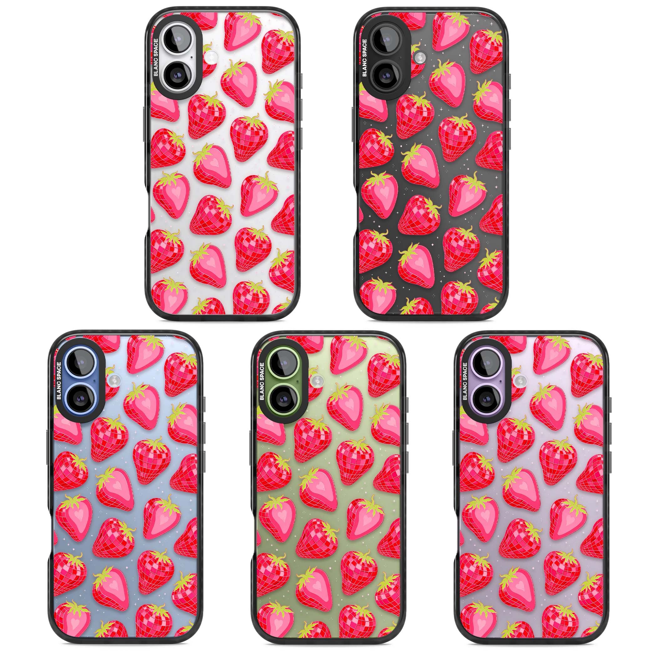 Disco Strawberry Y2K iPhone case featuring pink disco-ball strawberries, green leaves and tiny sparkles | Clear Impact case for iPhone 17