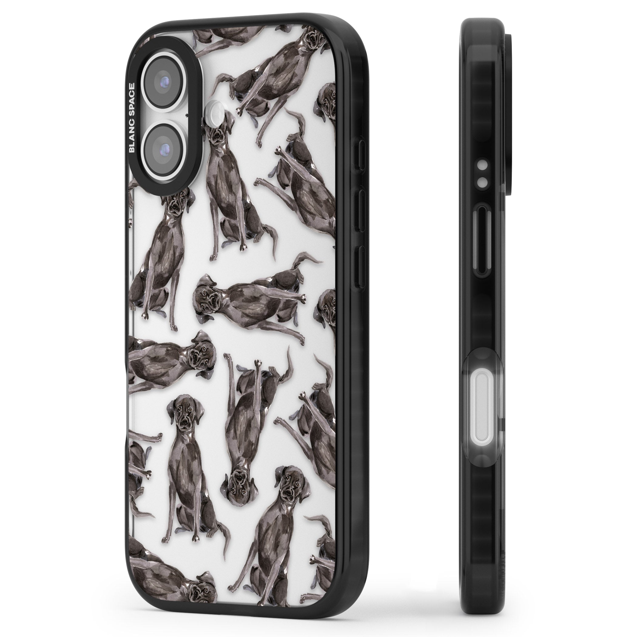 Black Labrador Watercolor Pattern iPhone 17 Impact Black Phone Case Side Profile