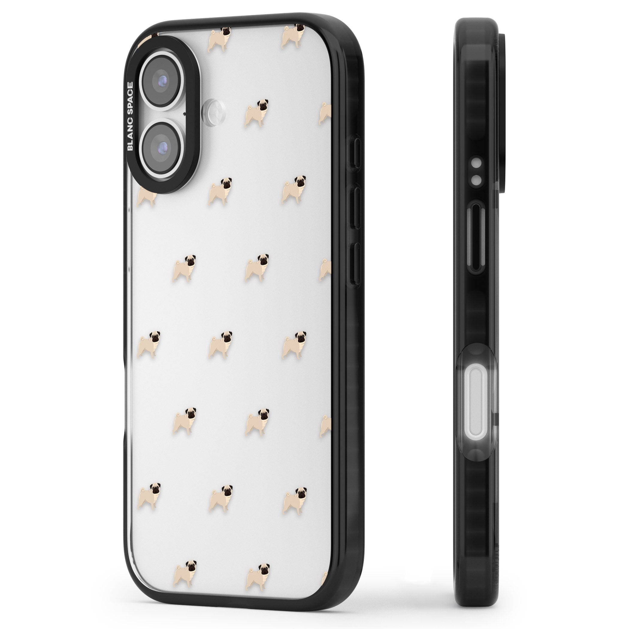 Pug Pattern iPhone 17 Impact Black Phone Case Side Profile