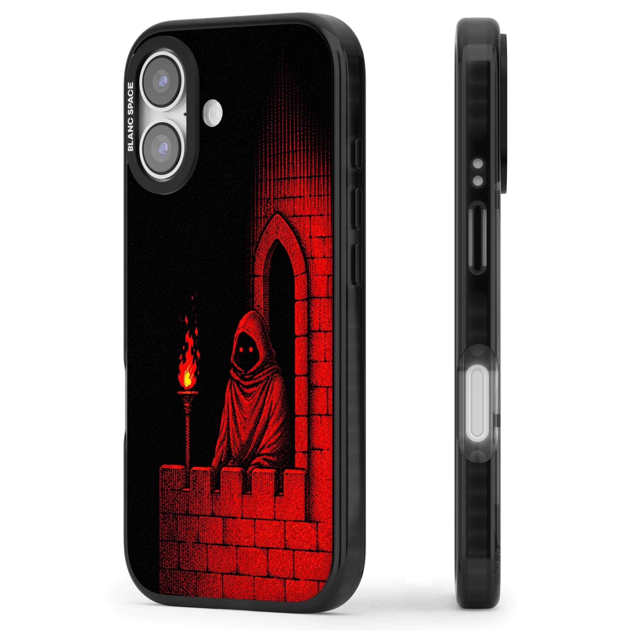 Crimson Crypt gothic iPhone case featuring a hooded reaper, torchlit crypt archway and red halftone horror art | Clear Impact case for iPhone 17