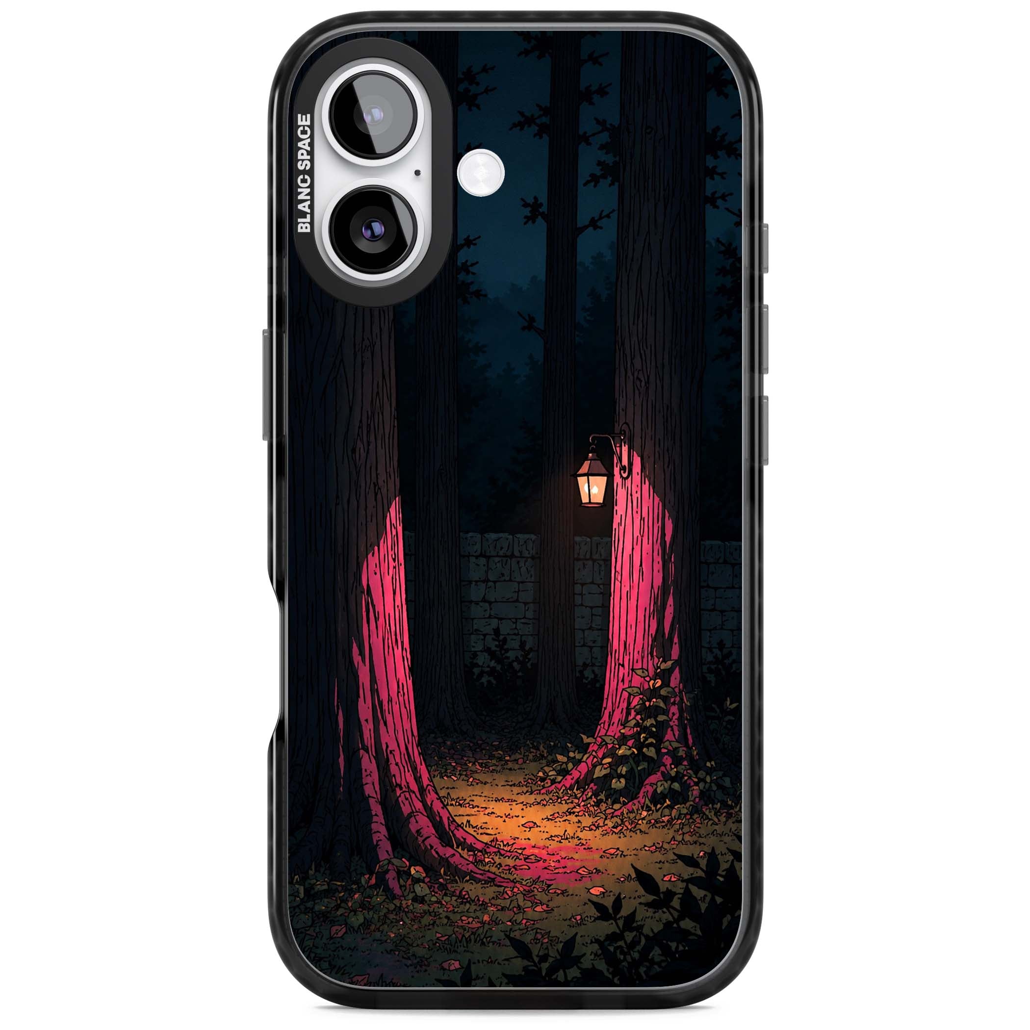 Forest Lantern dark academia iPhone case featuring a moonlit forest, glowing lantern, and stone wall pathway | Clear Impact case for iPhone 17
