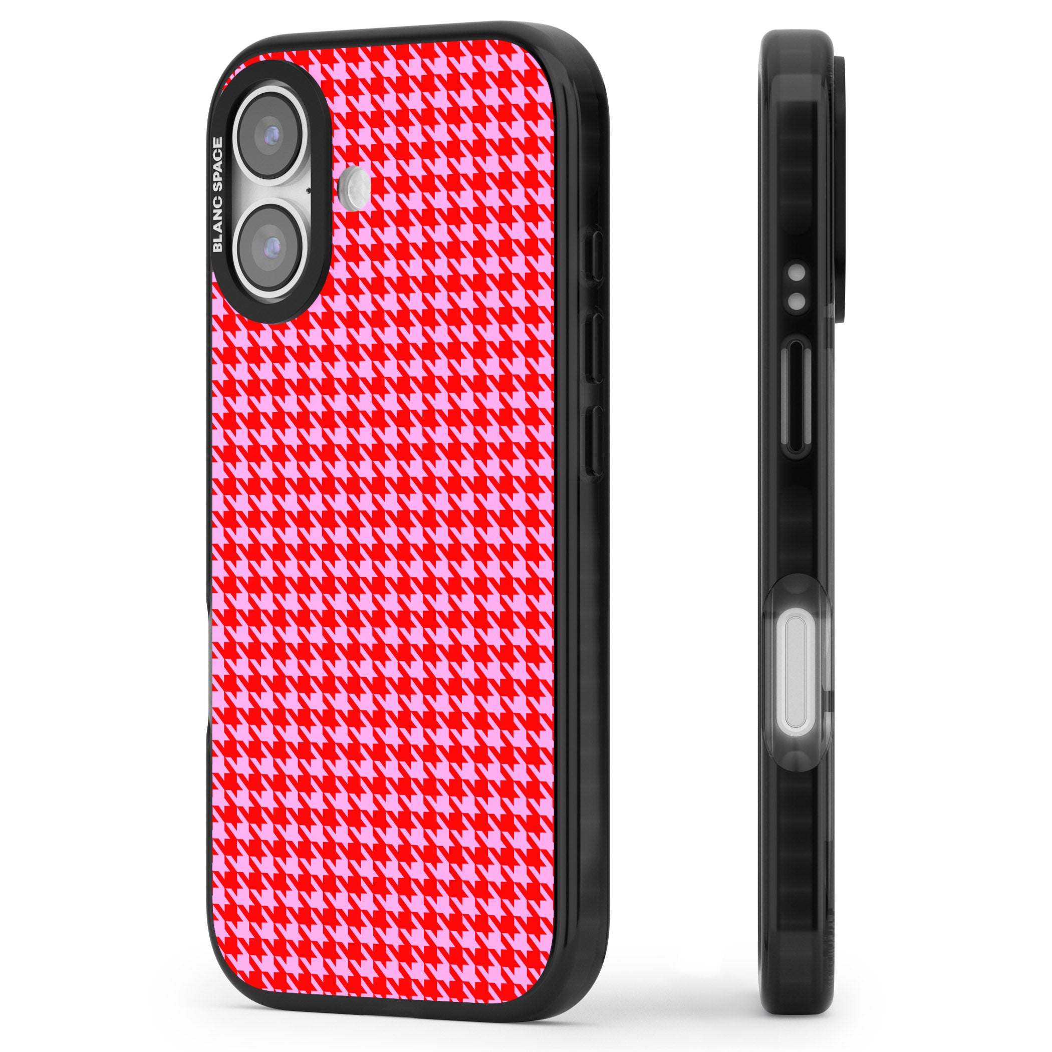 Neon Pink & Red Houndstooth iPhone 17 Impact Black Phone Case Side Profile