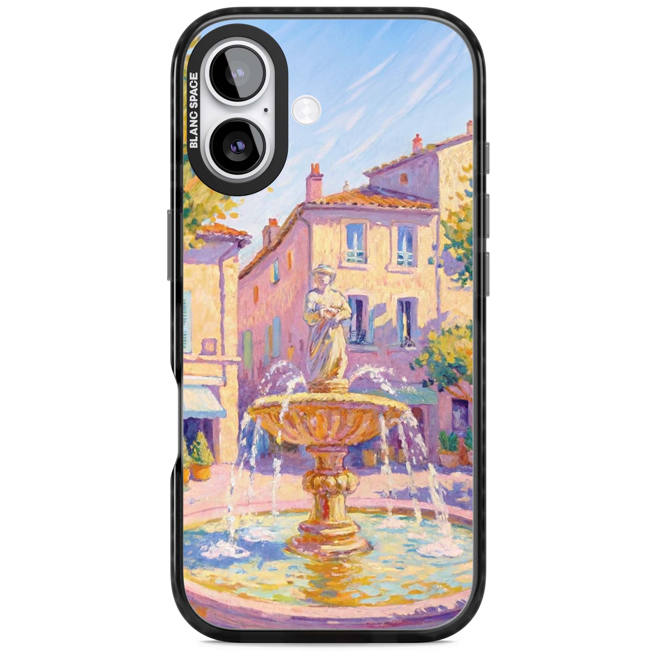 Fountain Square fine art iPhone case featuring an impressionist Provençal fountain, pastel village buildings and summe | Clear Impact case for iPhone 17