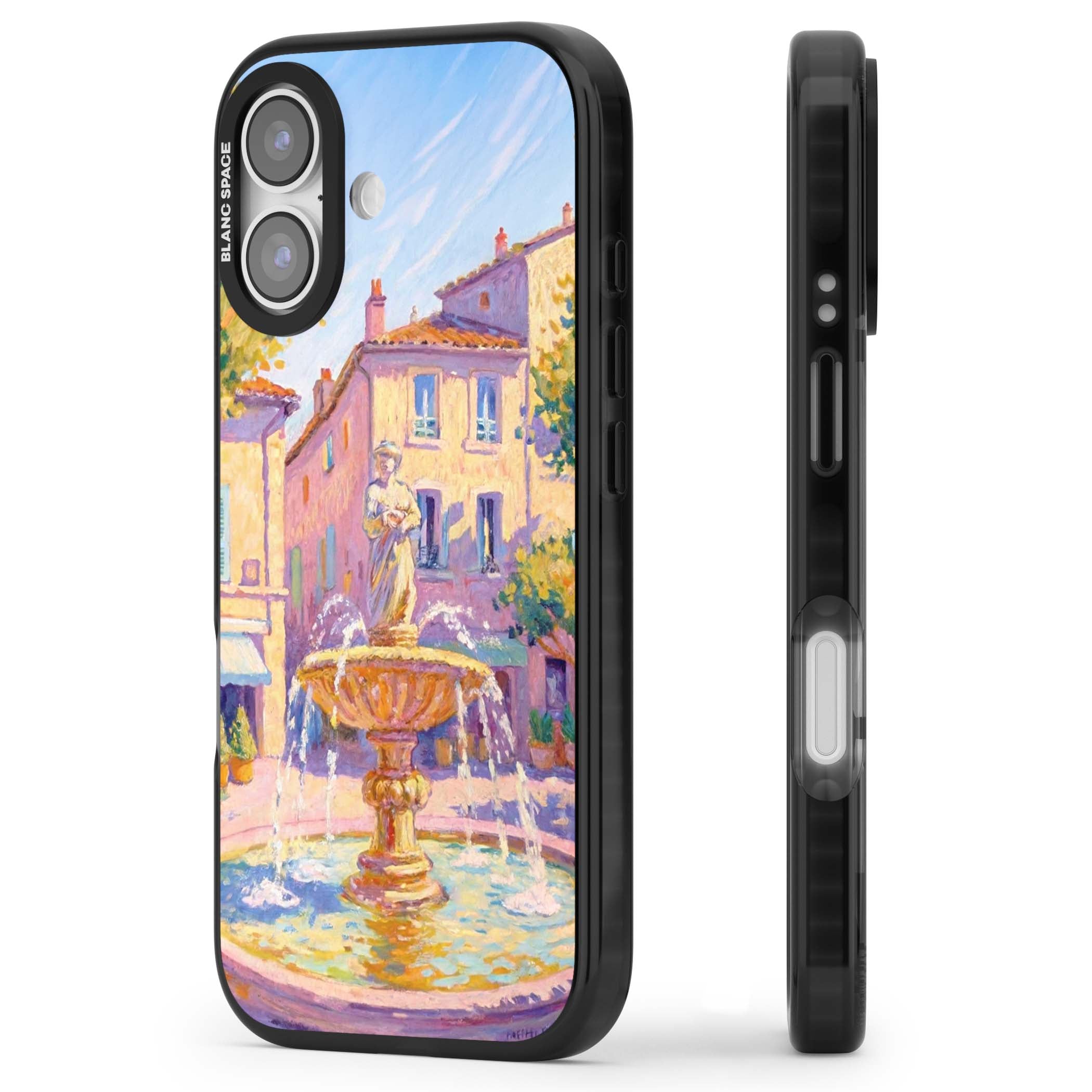 Fountain Square fine art iPhone case featuring an impressionist Provençal fountain, pastel village buildings and summe | Clear Impact case for iPhone 17