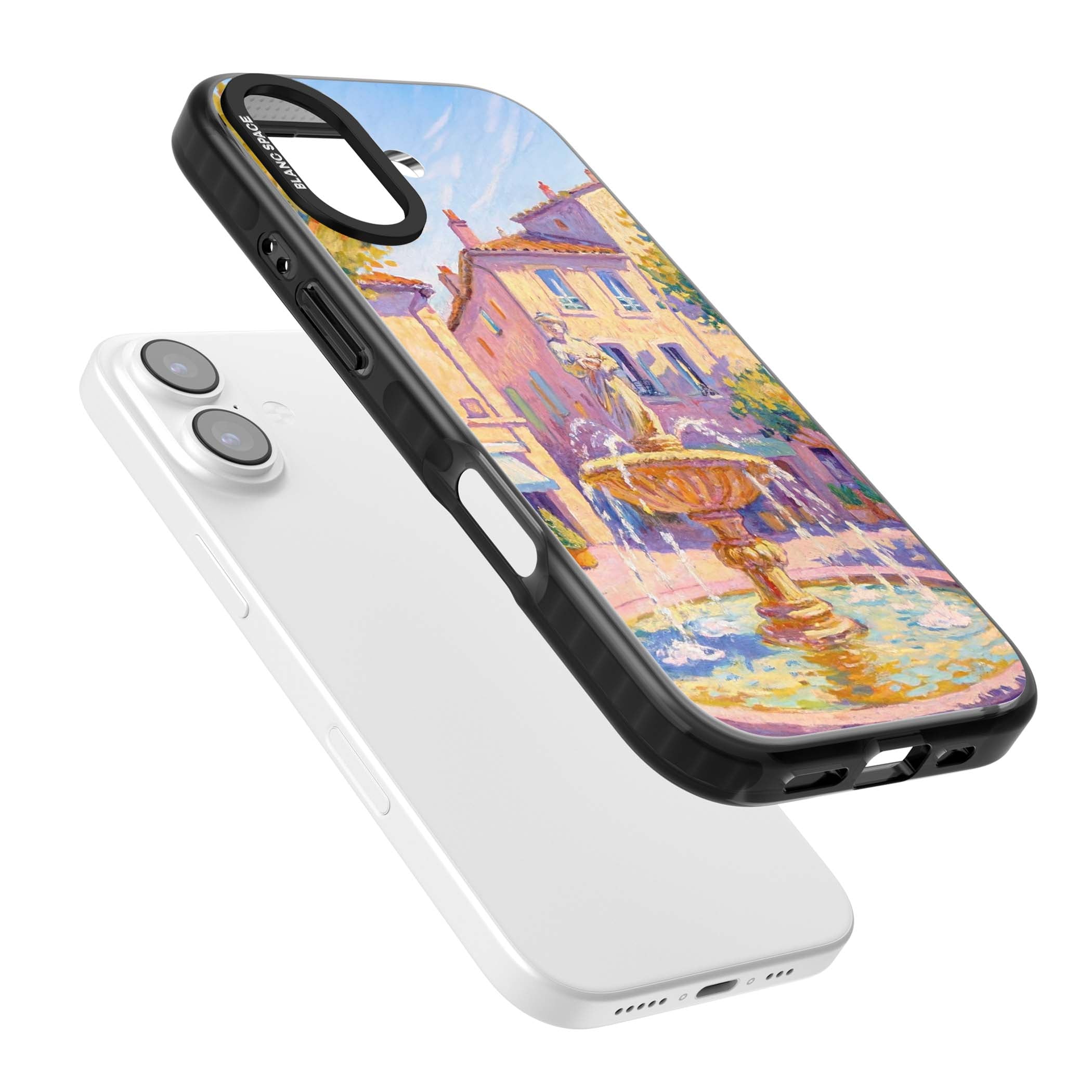 Fountain Square fine art iPhone case featuring an impressionist Provençal fountain, pastel village buildings and summe | Clear Impact case for iPhone 17