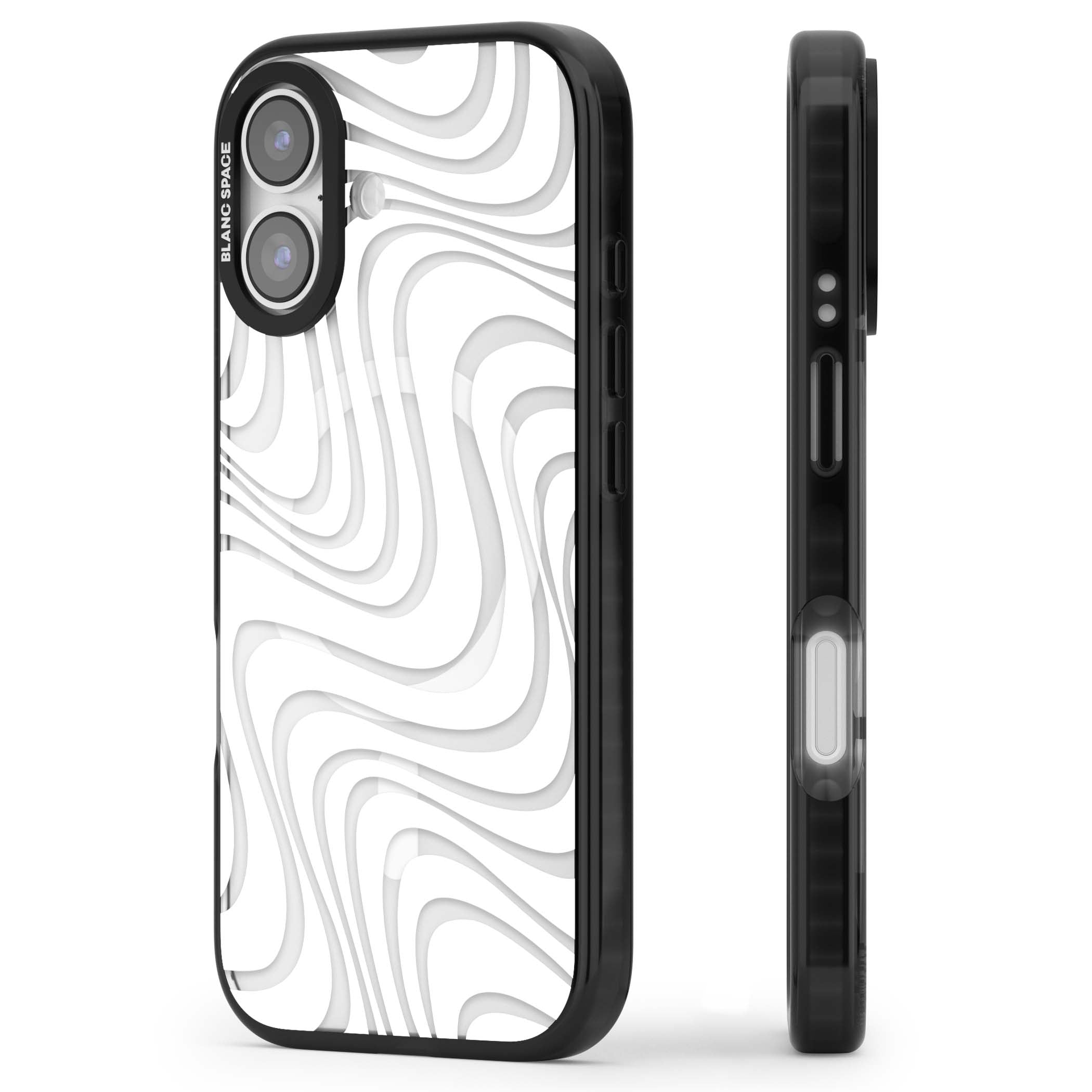 White Abstract Waves abstract iPhone case featuring flowing grey wave pattern on clear background | Black Impact Magsafe case for iPhone 17