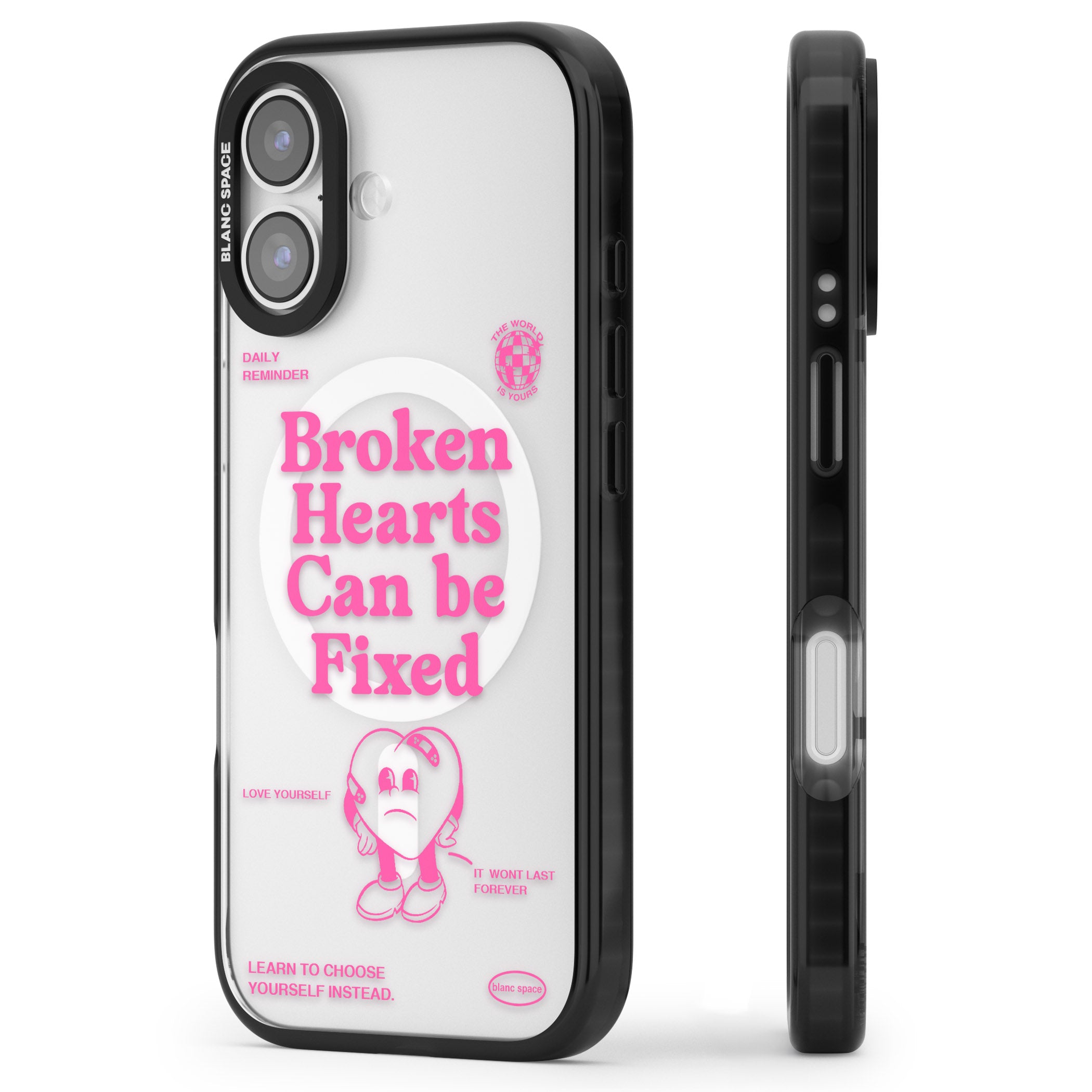 Broken Hearts Can Be Fixed iPhone 17 Impact Pro Black Phone Case Side Profile