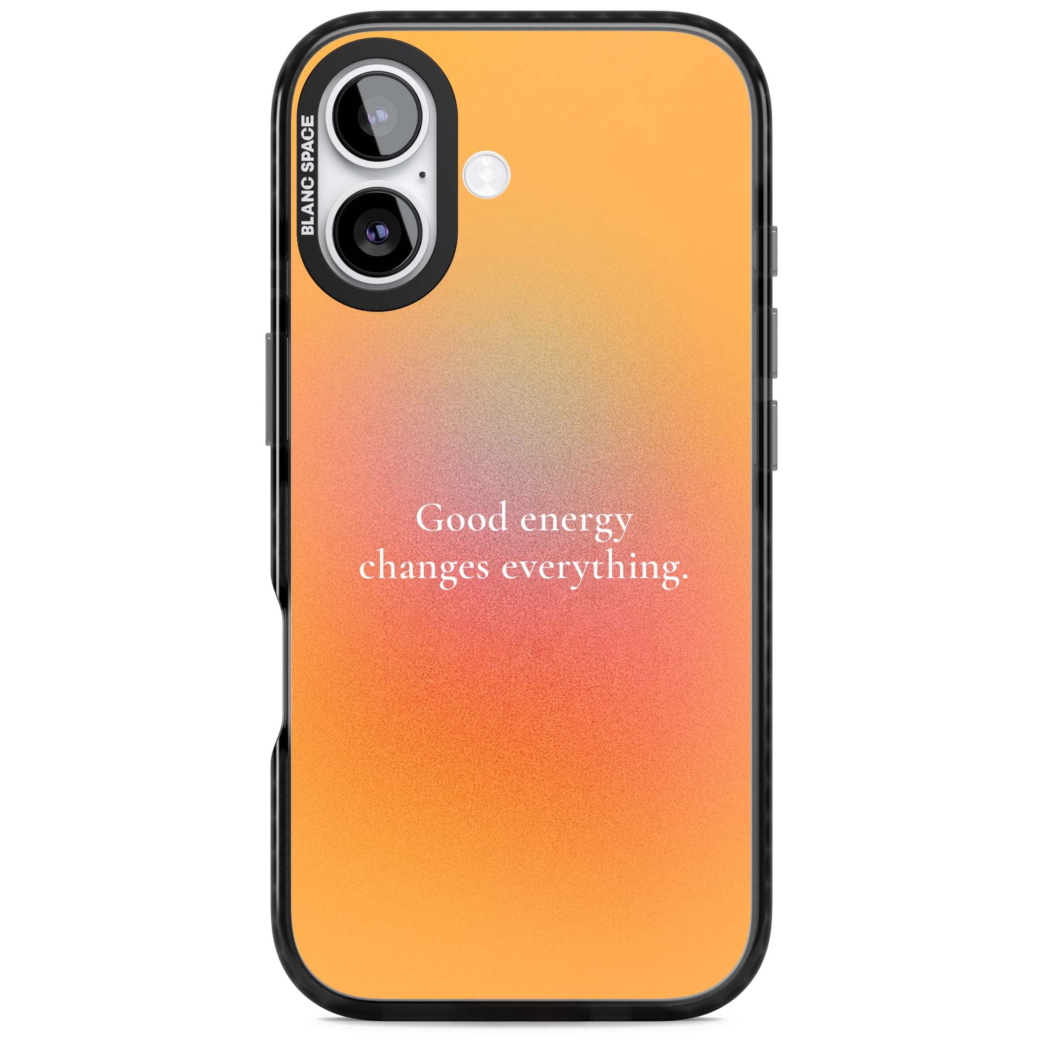 Good Energy quote iPhone case featuring an orange and pink aura gradient with white serif affirmation text | Black Impact Magsafe case for iPhone 17
