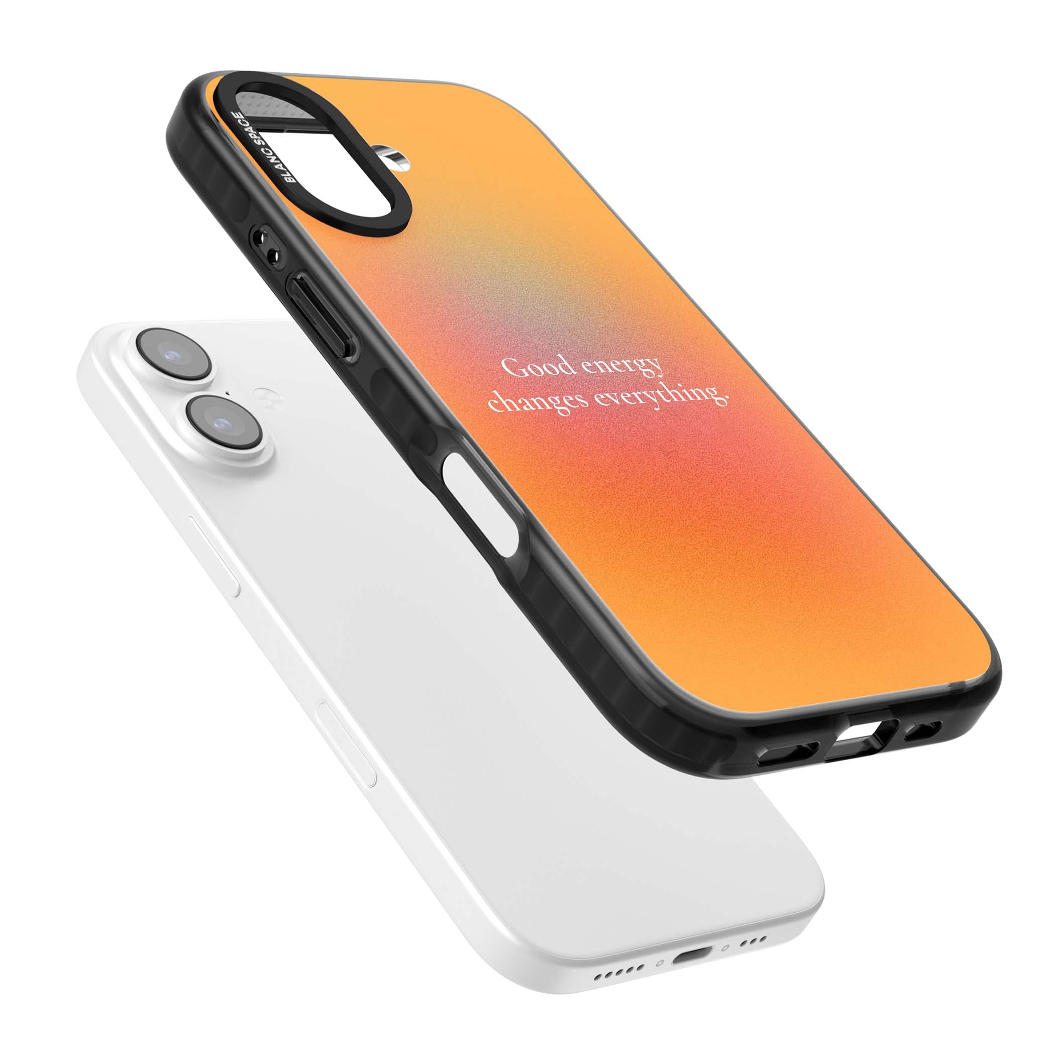 Good Energy quote iPhone case featuring an orange and pink aura gradient with white serif affirmation text | Black Impact Magsafe case for iPhone 17