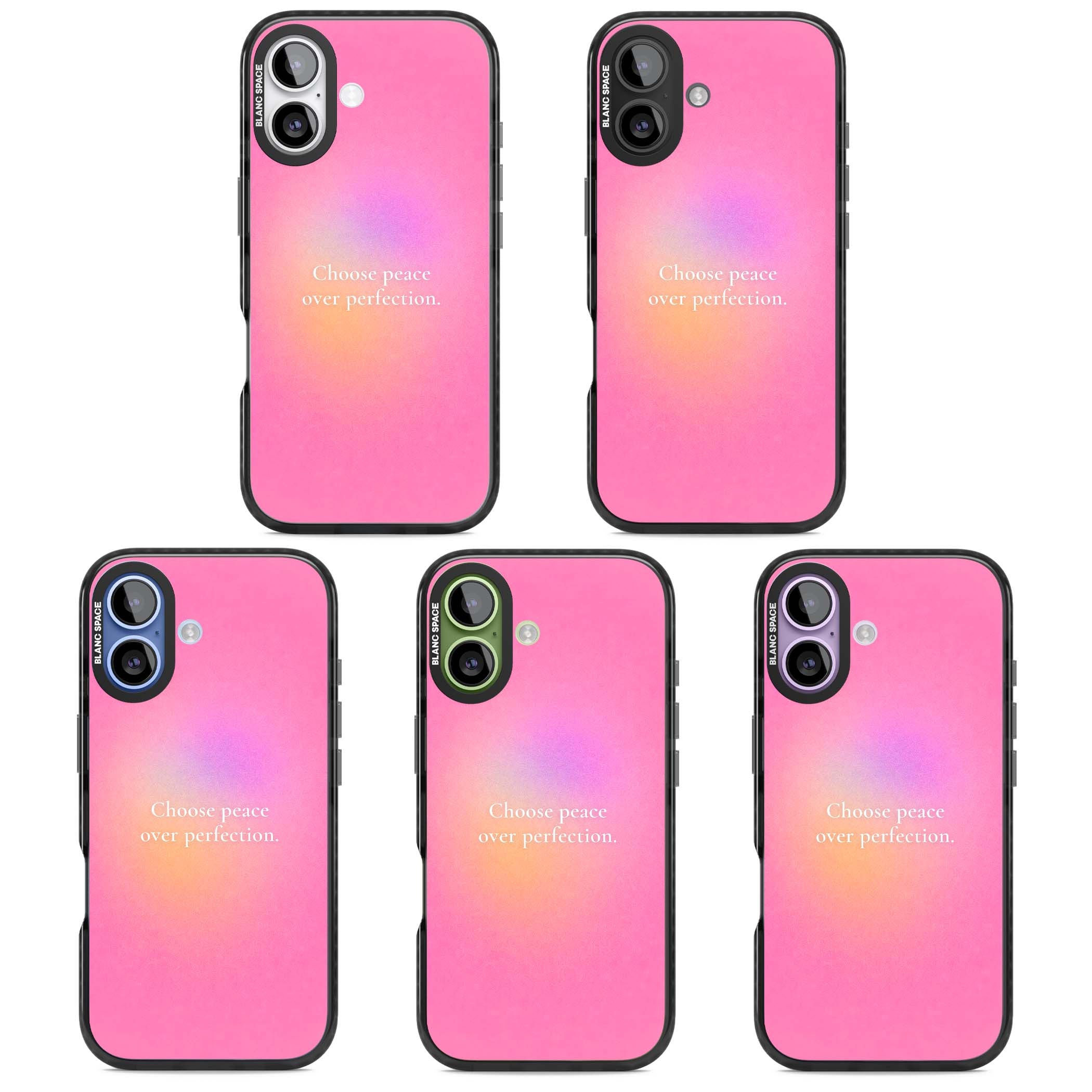 Peace Over Perfection quote iPhone case featuring a dreamy pink aura gradient and delicate white affirmation text | Black Impact Magsafe case for iPhone 17