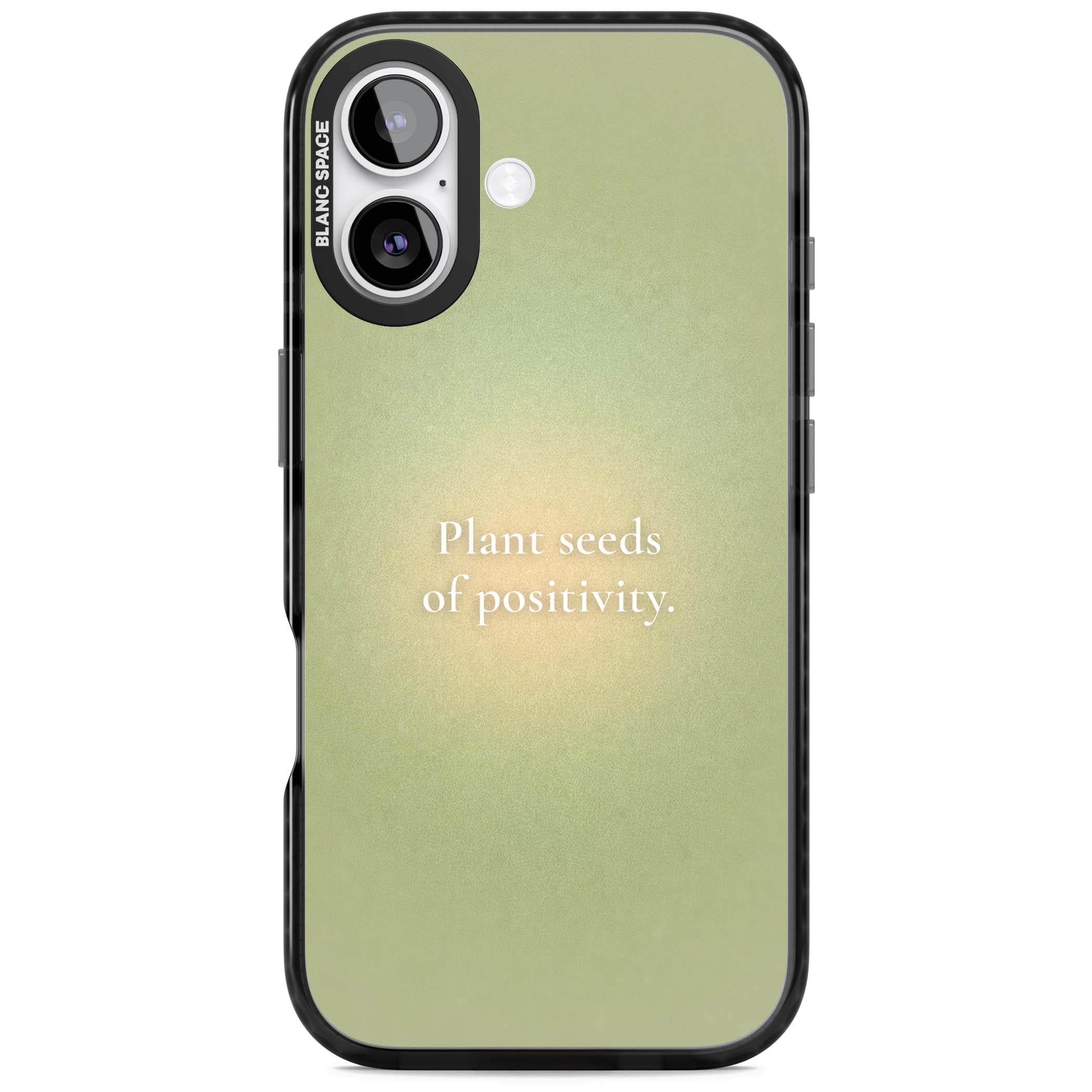 Seeds of Positivity quote iPhone case featuring a sage green aura gradient and golden glow affirmation | Black Impact Magsafe case for iPhone 17