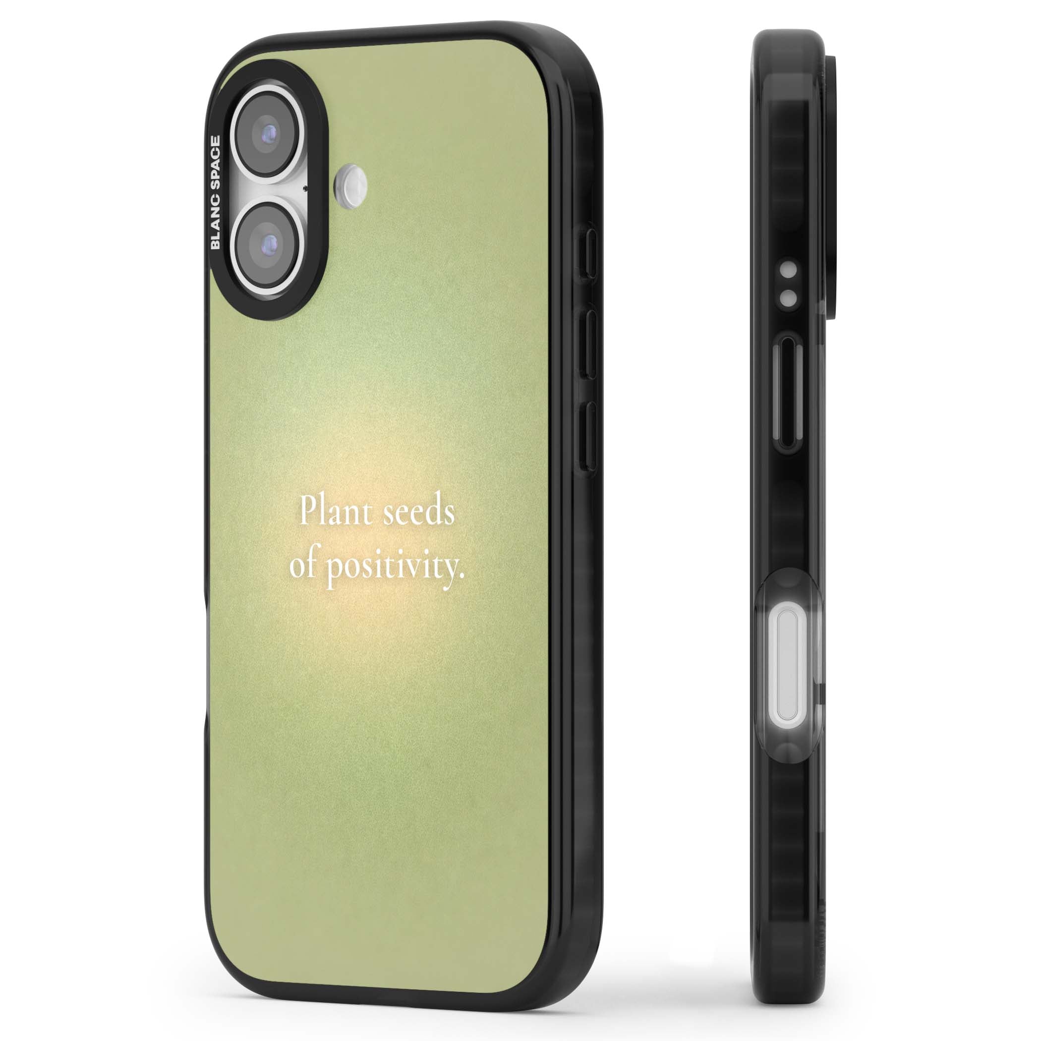 Seeds of Positivity quote iPhone case featuring a sage green aura gradient and golden glow affirmation | Black Impact Magsafe case for iPhone 17