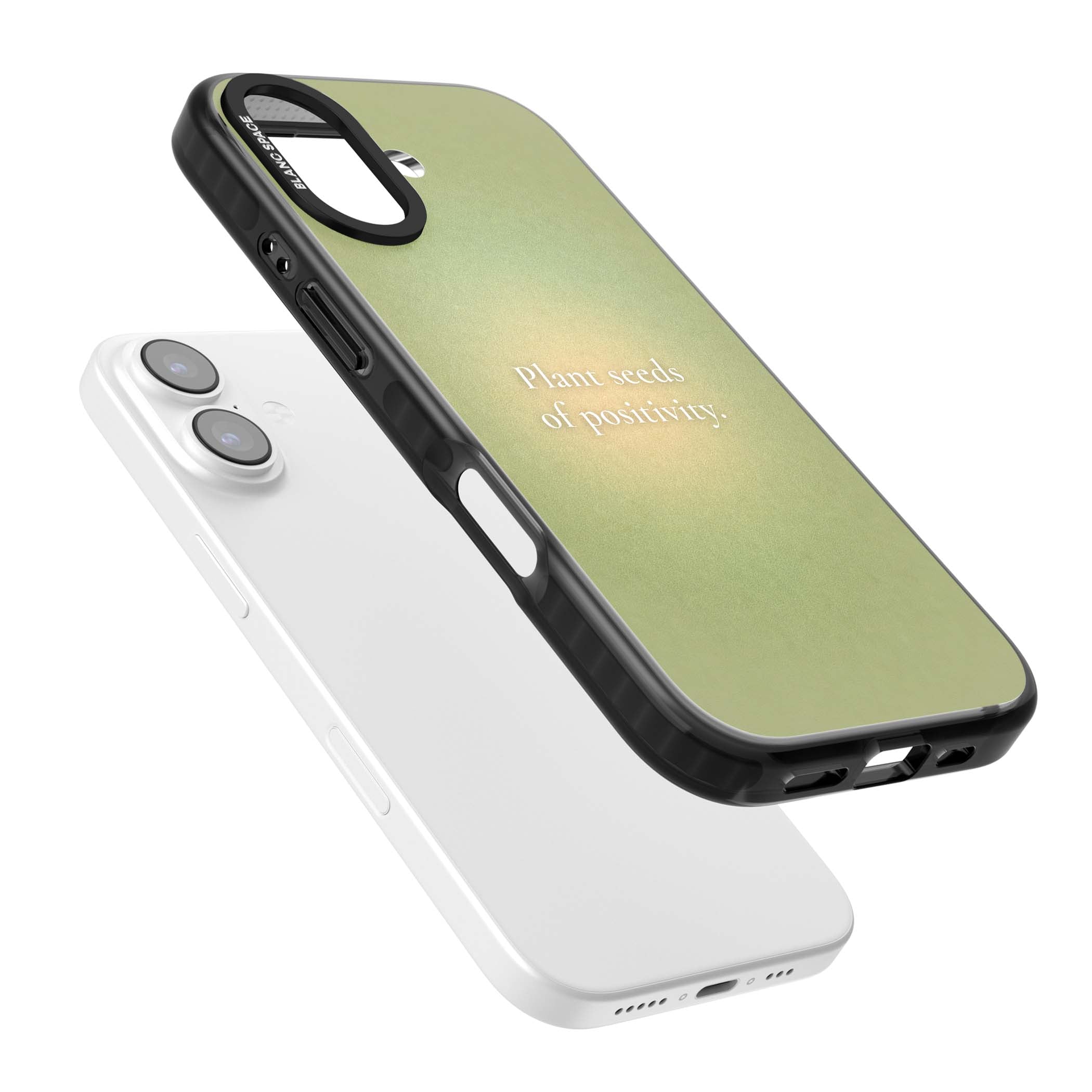 Seeds of Positivity quote iPhone case featuring a sage green aura gradient and golden glow affirmation | Black Impact Magsafe case for iPhone 17
