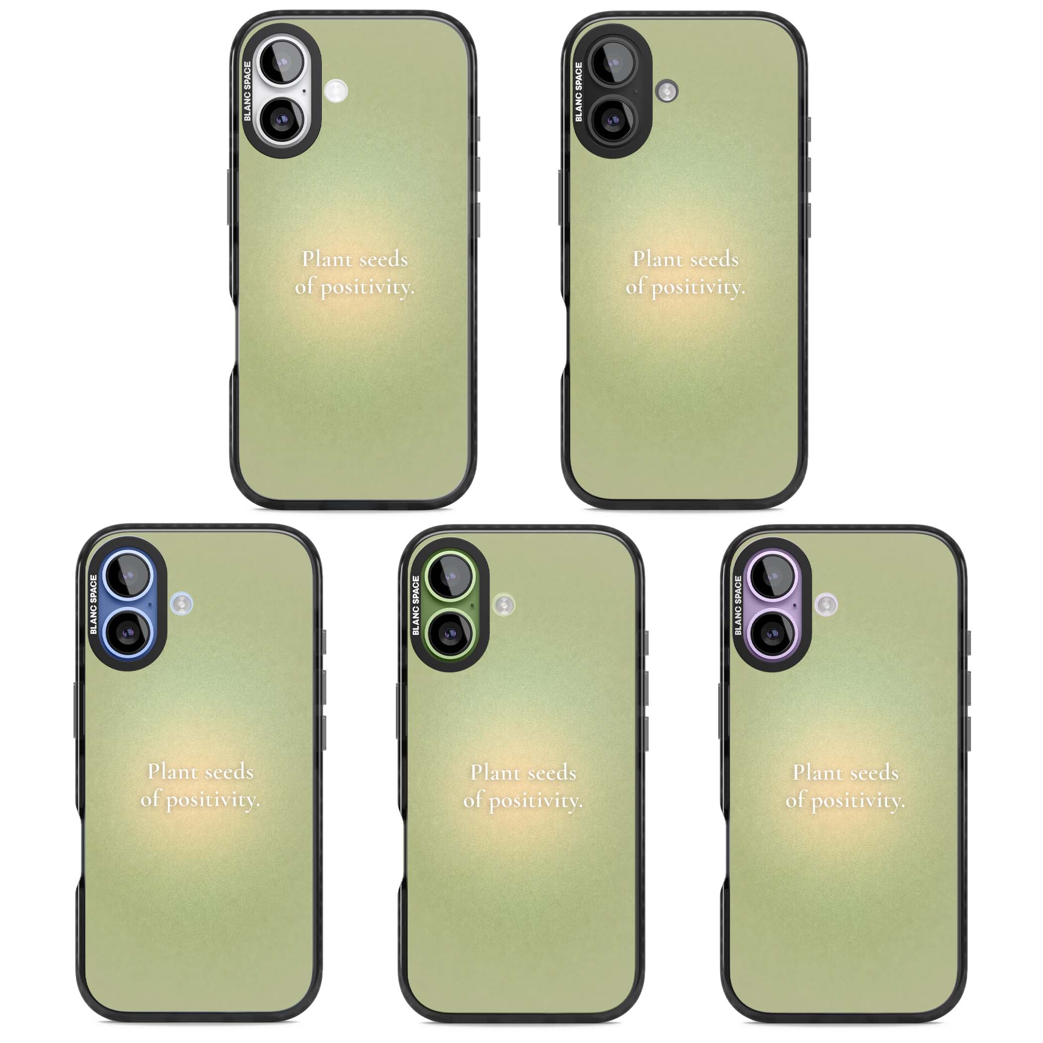Seeds of Positivity quote iPhone case featuring a sage green aura gradient and golden glow affirmation | Black Impact Magsafe case for iPhone 17