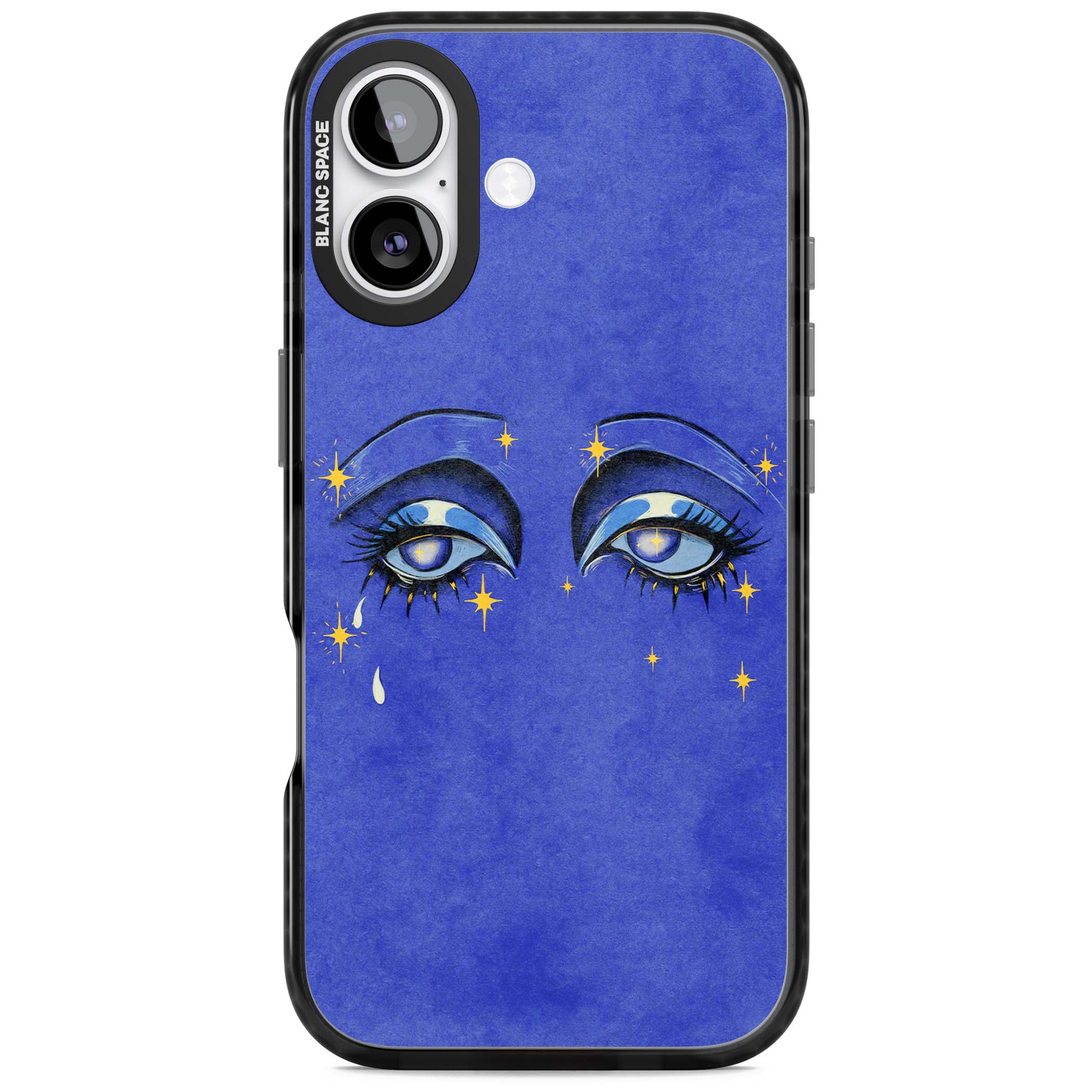 Blue Mystic Eyes celestial iPhone case featuring hand drawn blue mystical eyes, golden stars and a painted tear on indigo | Black Impact Magsafe case for iPhone 17