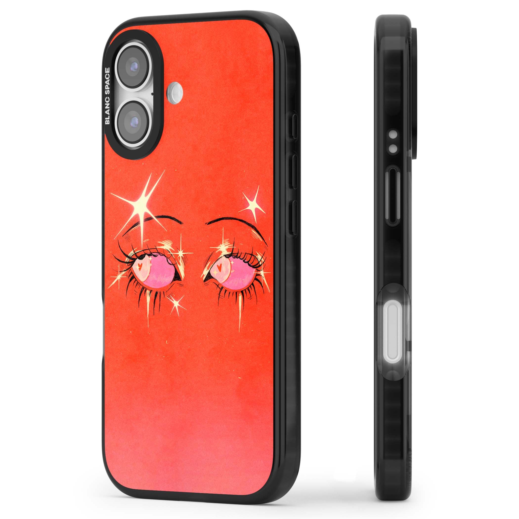 Pink Ethereal Eyes anime iPhone case featuring hand-drawn sparkly eyes with pink hearts and gold stars on red | Black Impact Magsafe case for iPhone 17