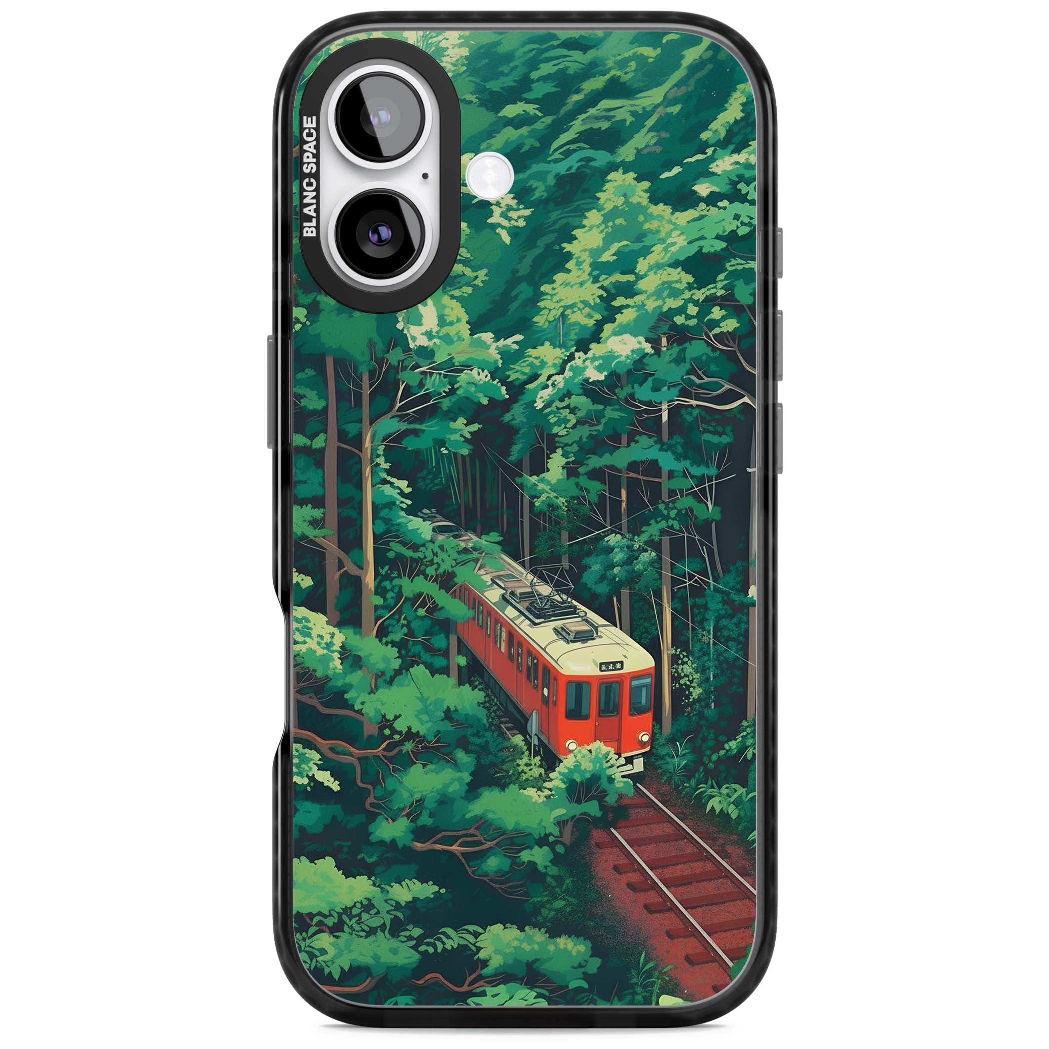 Railway In Toyama Japanese iPhone case featuring a red train, cedar forest and winding mountain railway tracks | Black Impact Magsafe case for iPhone 17