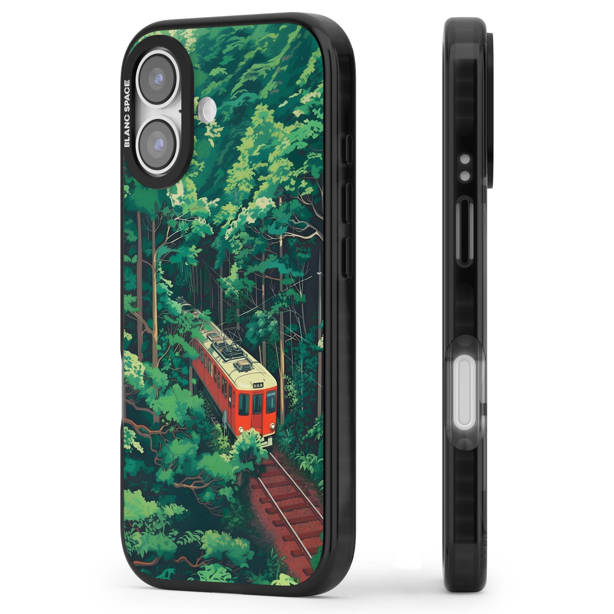 Railway In Toyama Japanese iPhone case featuring a red train, cedar forest and winding mountain railway tracks | Black Impact Magsafe case for iPhone 17
