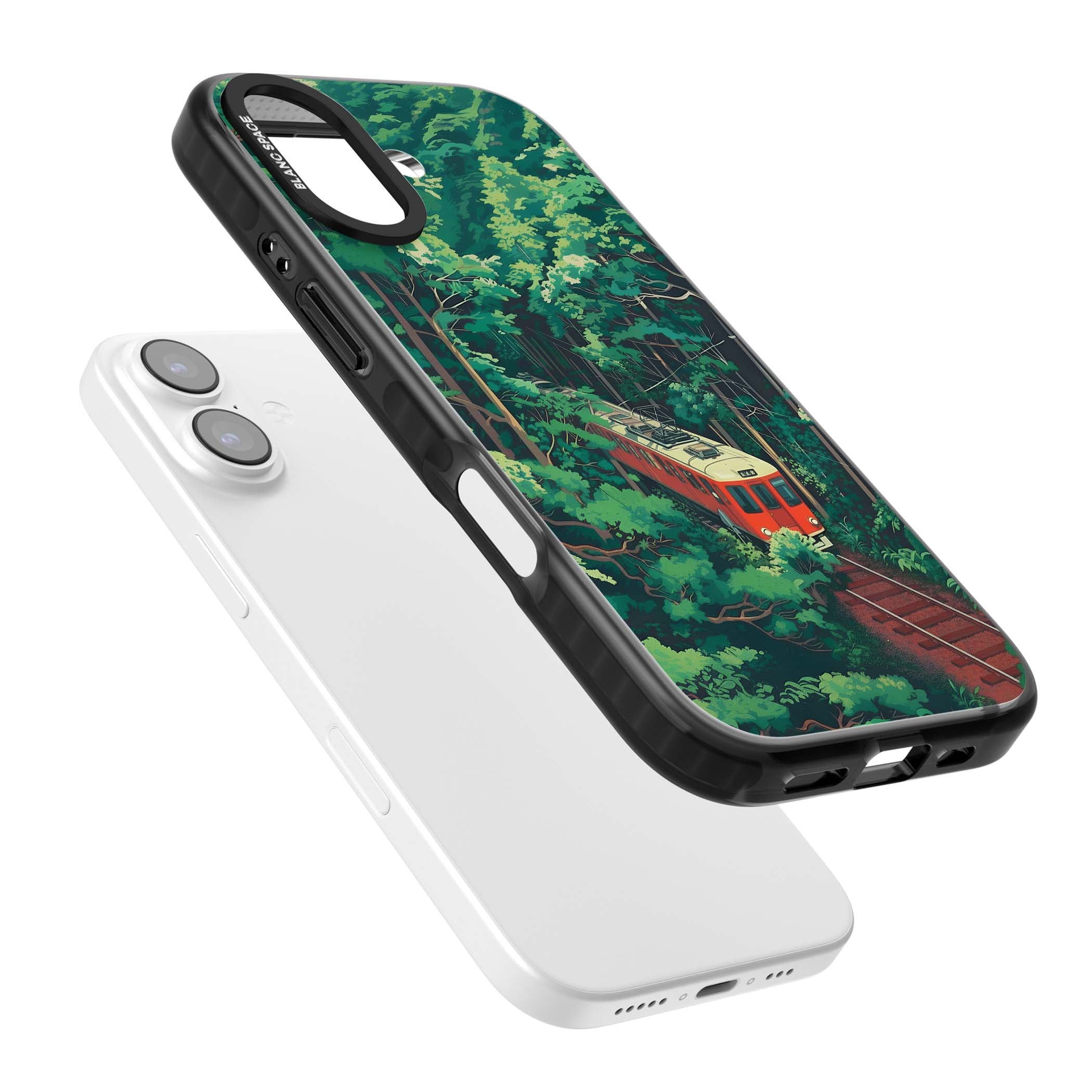 Railway In Toyama Japanese iPhone case featuring a red train, cedar forest and winding mountain railway tracks | Black Impact Magsafe case for iPhone 17