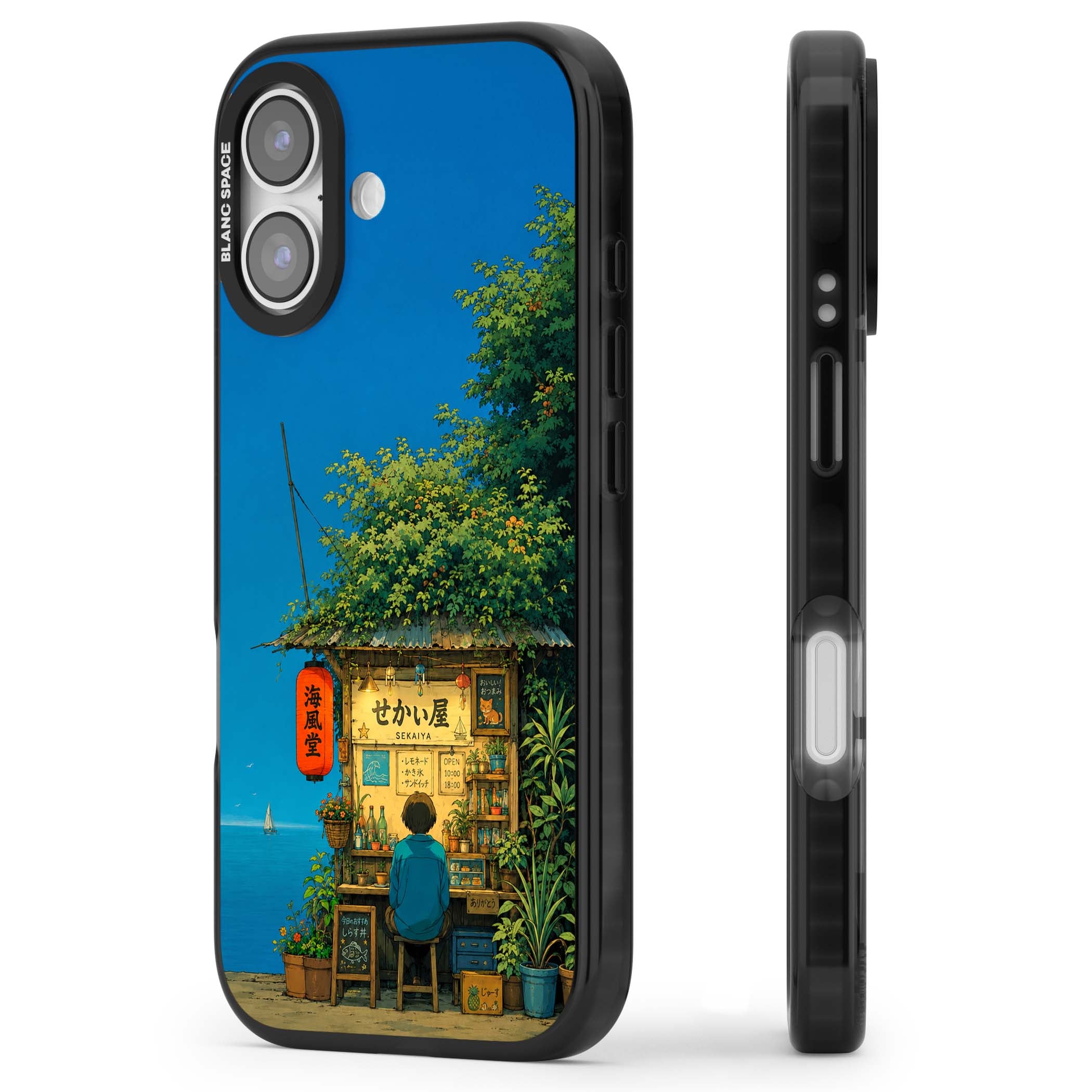 The Shirahama Kiosk anime iPhone case featuring a Japanese seaside shop, red paper lantern and ocean view | Black Impact Magsafe case for iPhone 17