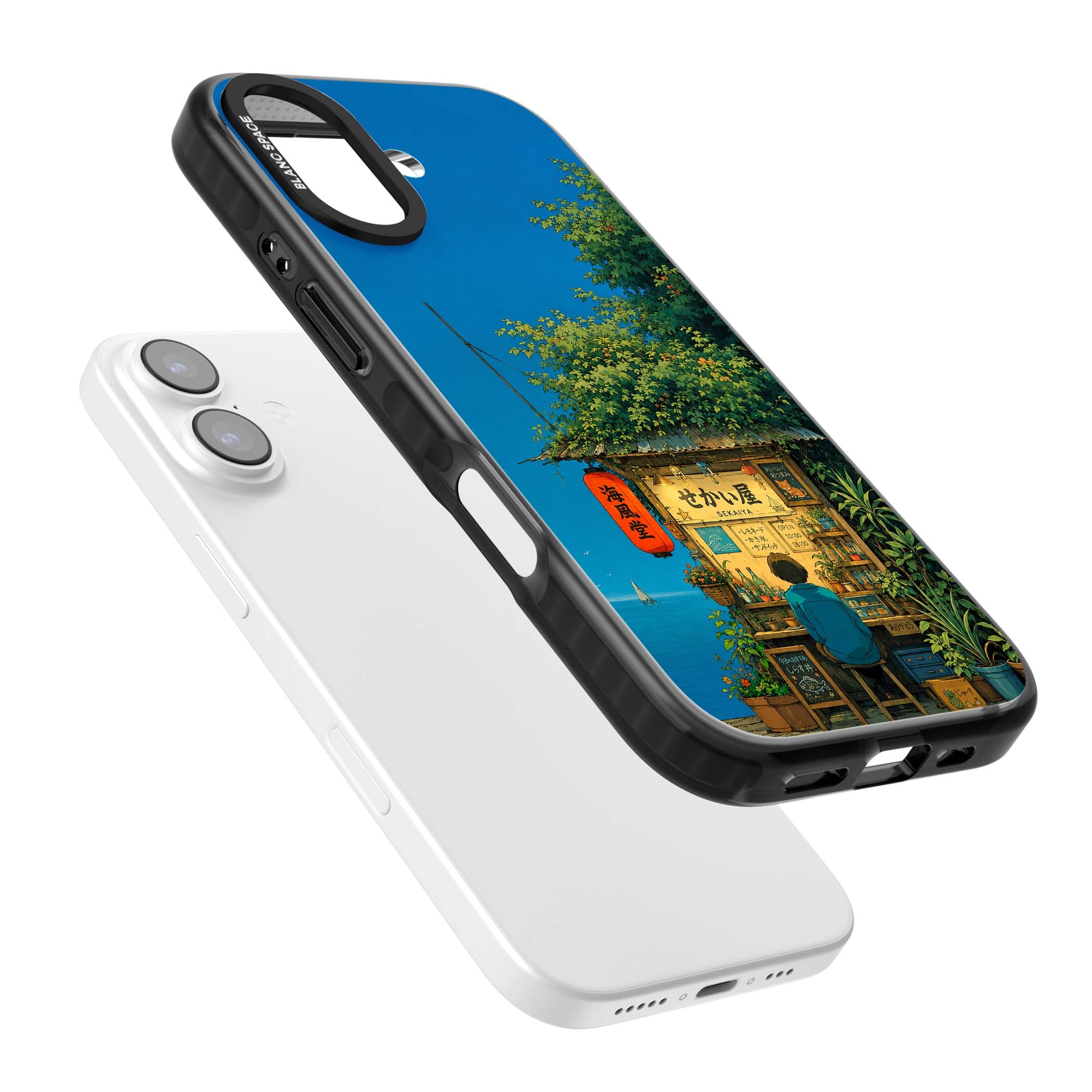 The Shirahama Kiosk anime iPhone case featuring a Japanese seaside shop, red paper lantern and ocean view | Black Impact Magsafe case for iPhone 17