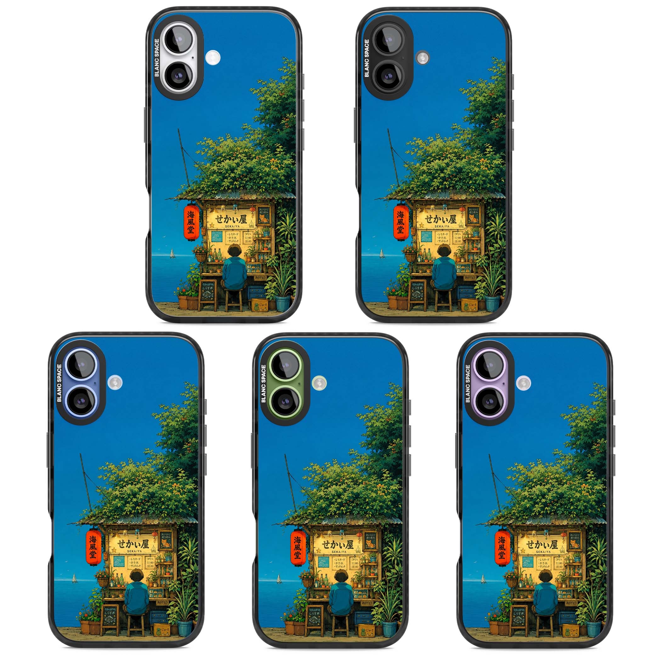 The Shirahama Kiosk anime iPhone case featuring a Japanese seaside shop, red paper lantern and ocean view | Black Impact Magsafe case for iPhone 17