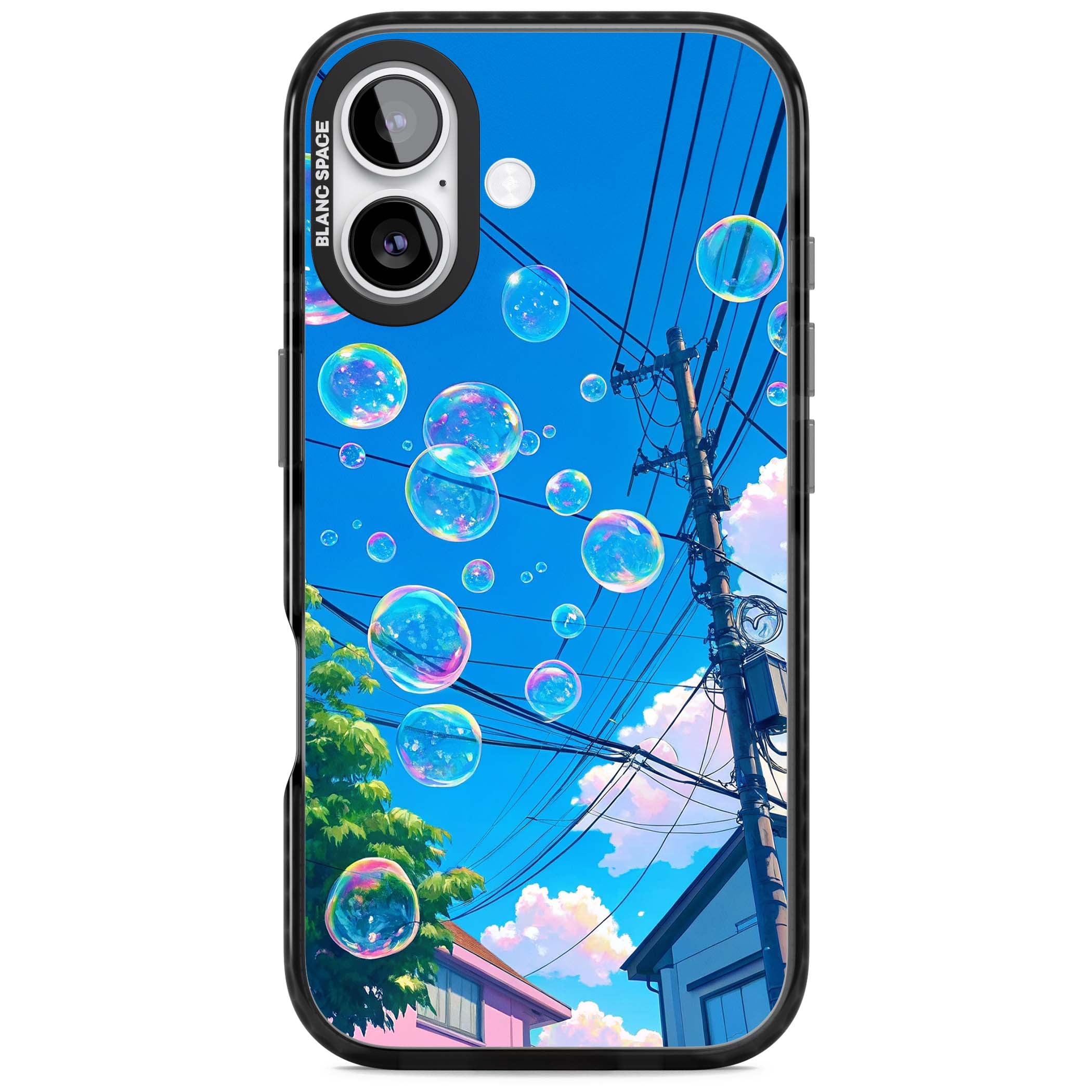 Suburban Bubbles anime iPhone case featuring iridescent soap bubbles, blue sky and Japanese telephone wires | Black Impact Magsafe case for iPhone 17