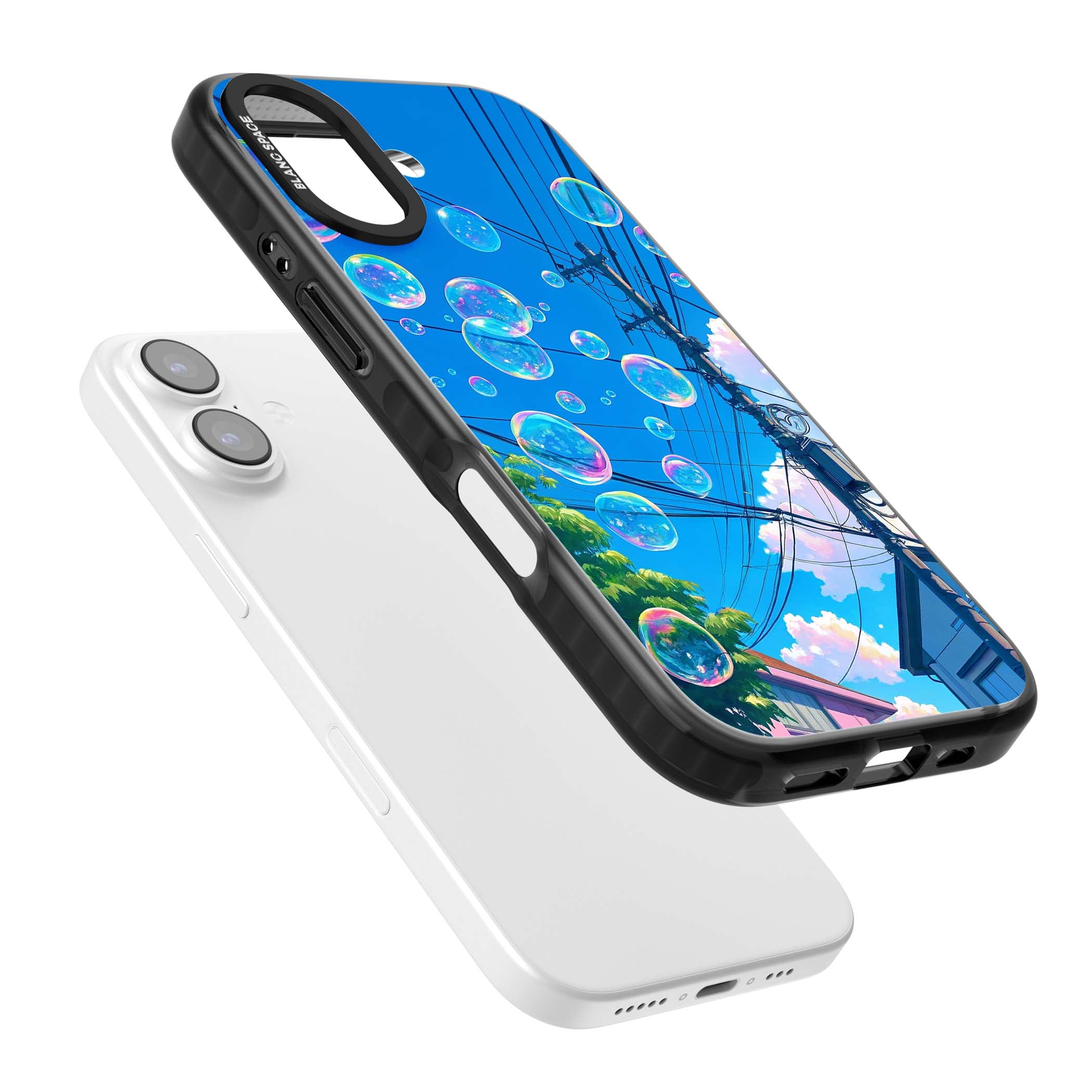Suburban Bubbles anime iPhone case featuring iridescent soap bubbles, blue sky and Japanese telephone wires | Black Impact Magsafe case for iPhone 17