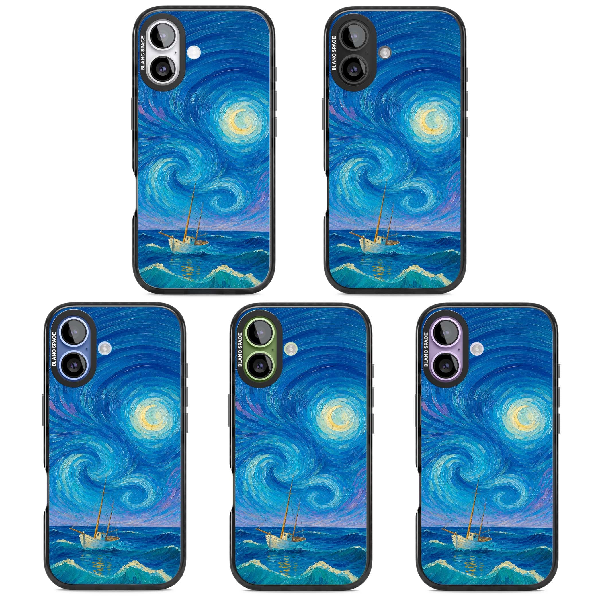 Moonlit Tide Van Gogh art iPhone case featuring swirling starry night sky, glowing moon and lone sailing boat at sea | Black Impact Magsafe case for iPhone 17