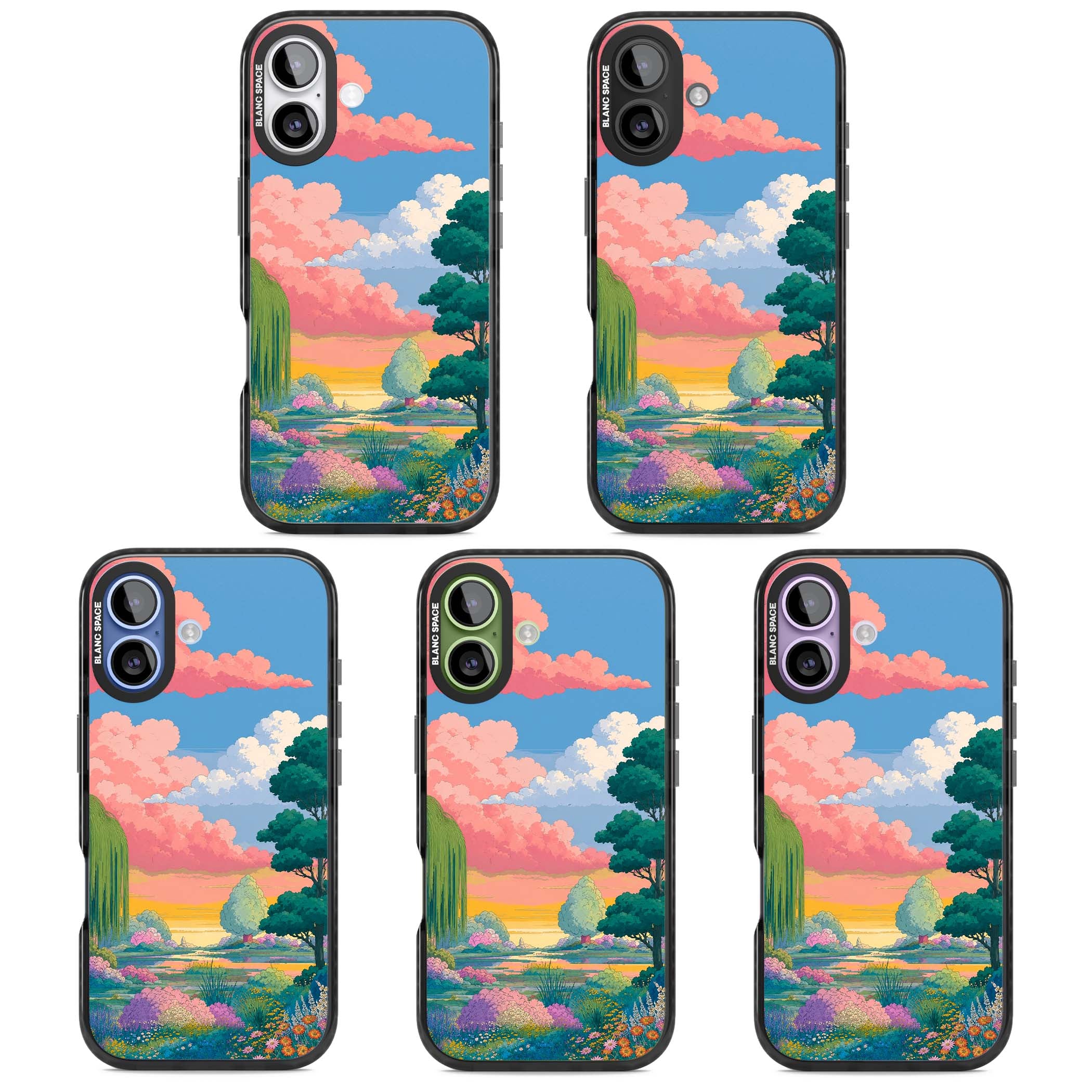 Dream Valley anime landscape iPhone case featuring pink sunset clouds, willow trees and wildflowers | Black Impact Magsafe case for iPhone 17