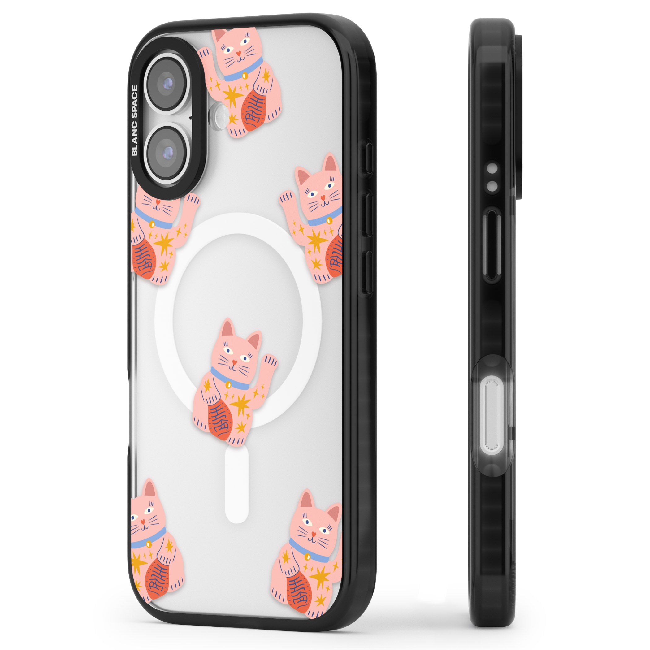 Waving Cat Pattern iPhone 17 Impact Pro Black Phone Case Side Profile