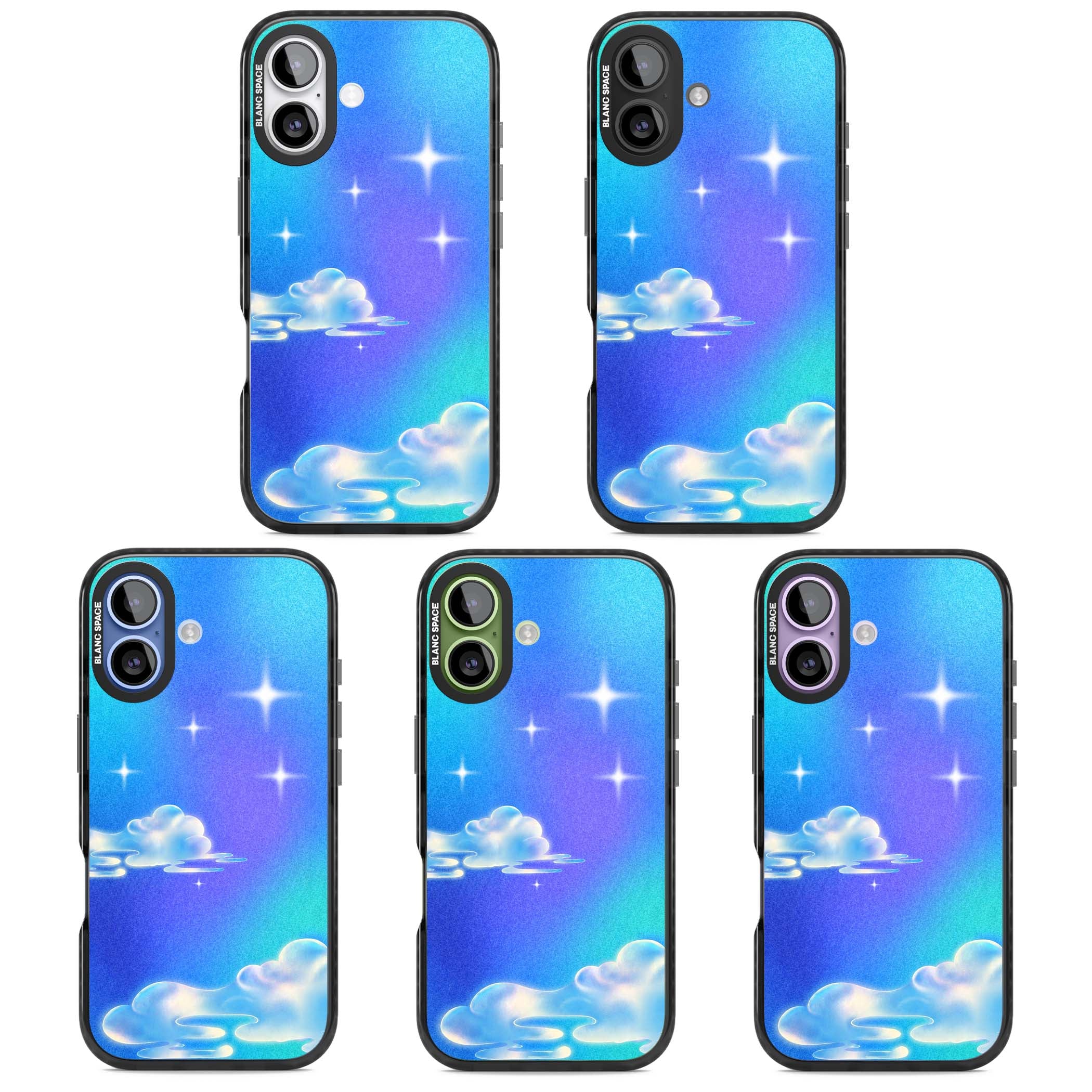 Aurora celestial iPhone case featuring dreamy iridescent clouds, sparkling stars and pastel blue purple sky | Black Impact Magsafe case for iPhone 17
