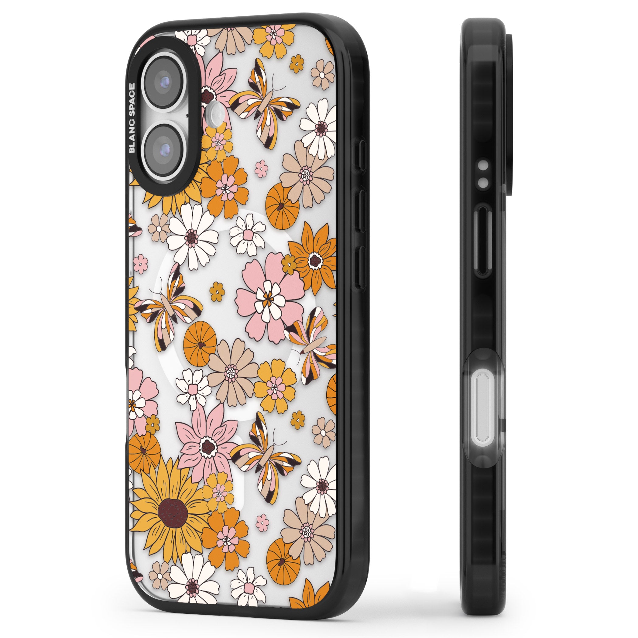 Butterfly Bloom Autumn Floral iPhone 17 Impact Pro Black Phone Case Side Profile