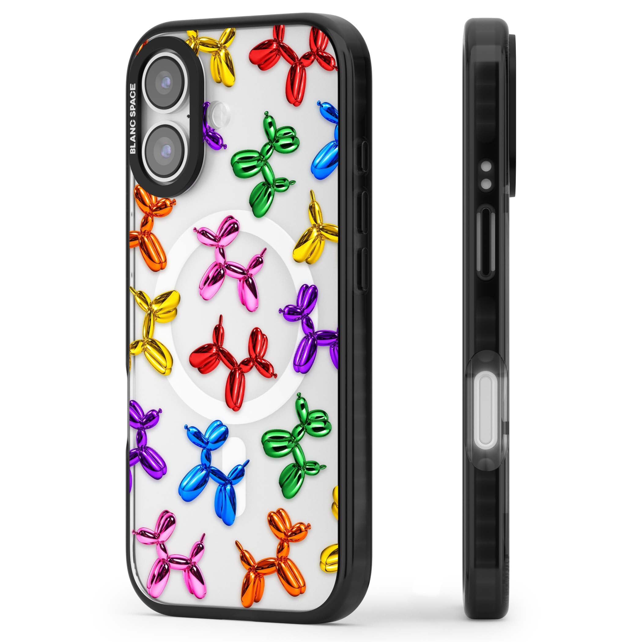 Balloon Dogs pop art iPhone case featuring rainbow chrome balloon dogs in Jeff Koons style | Black Impact Magsafe case for iPhone 17