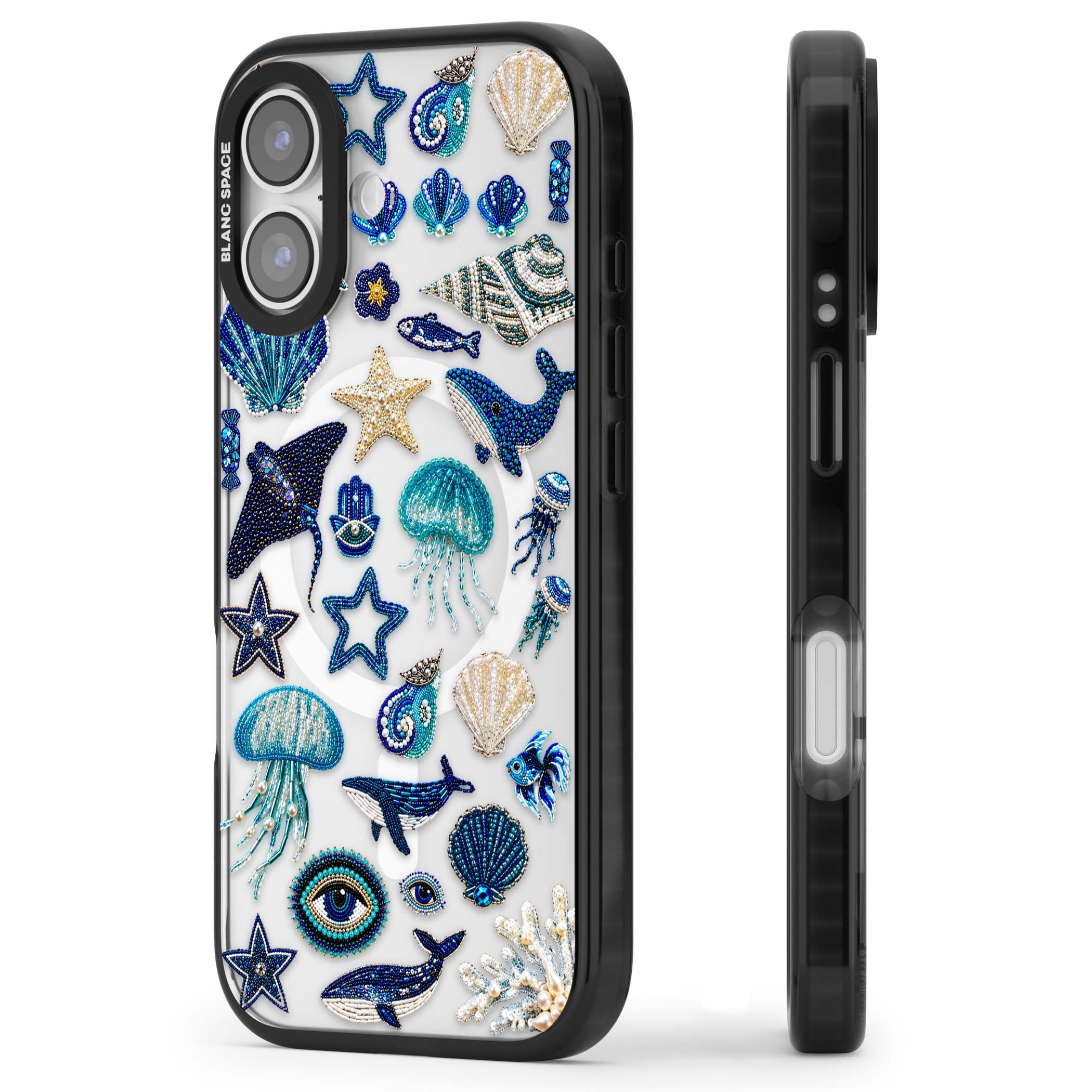 Beaded Coastal coastal iPhone case featuring embroidered seashells, jellyfish and a blue whale on clear | Black Impact Magsafe case for iPhone 17