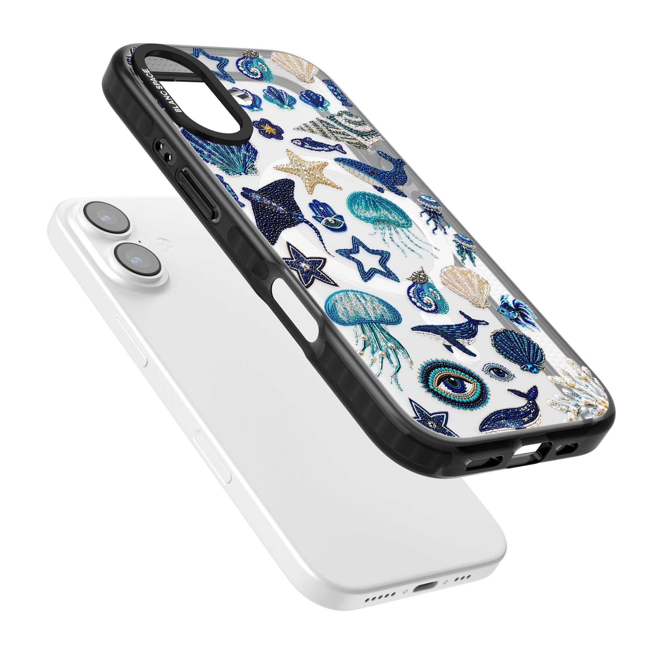Beaded Coastal coastal iPhone case featuring embroidered seashells, jellyfish and a blue whale on clear | Black Impact Magsafe case for iPhone 17