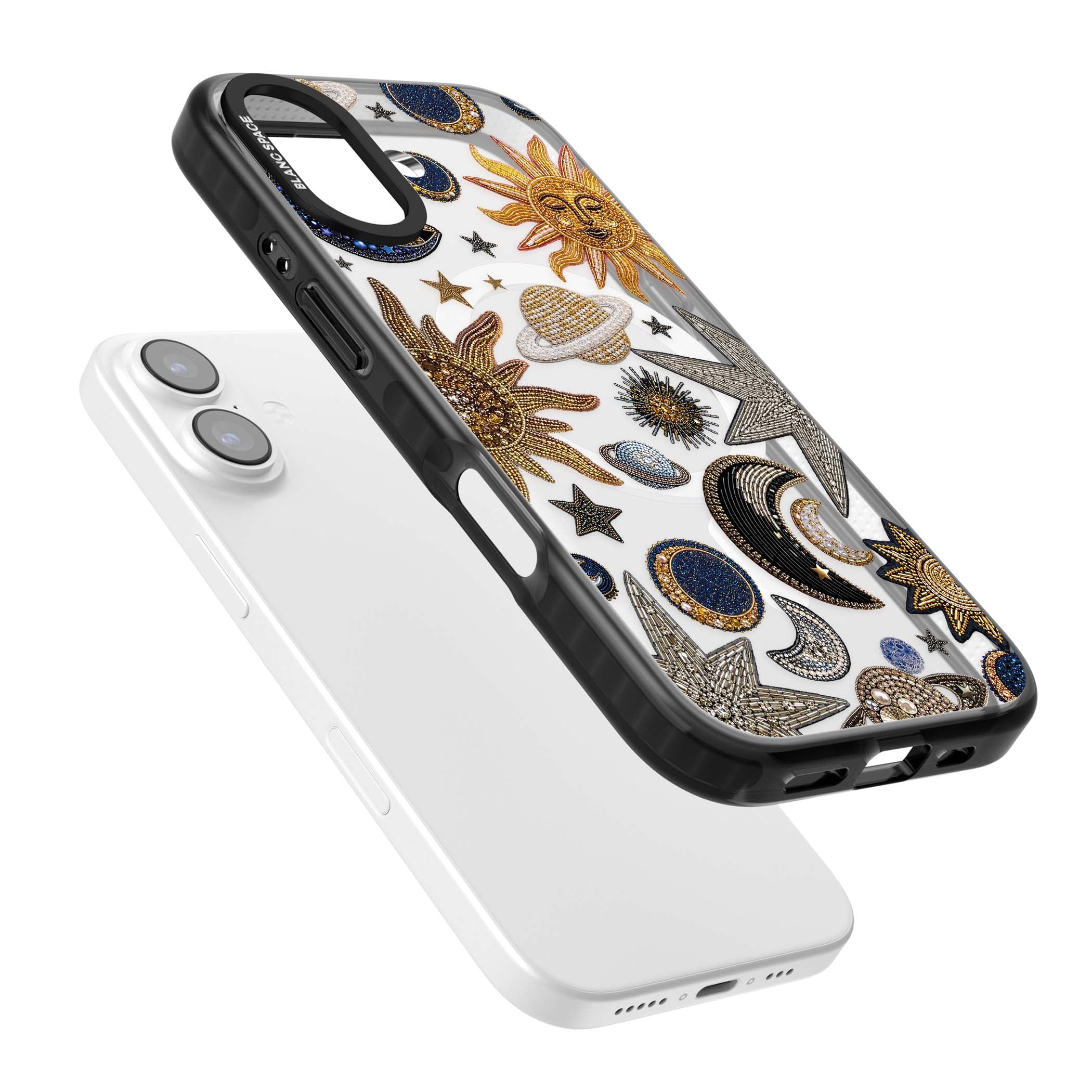 Beaded Cosmos celestial iPhone case featuring embroidered golden suns, beaded planets and silver shooting stars | Black Impact Magsafe case for iPhone 17